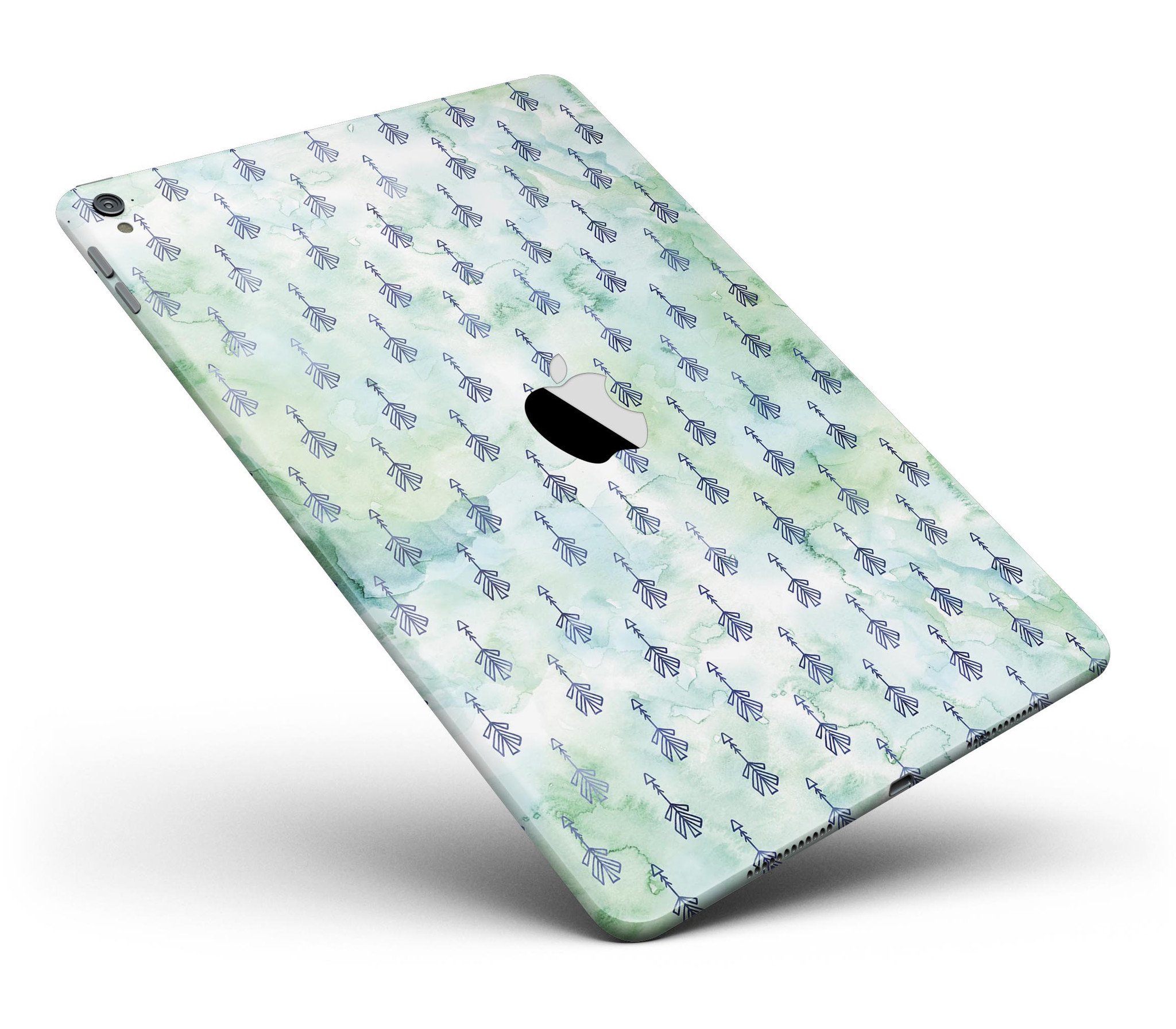 Green Watercolor Tribal Arrow Pattern Full Body Skin for iPad Pro, showcasing vibrant tribal design on a sleek device.