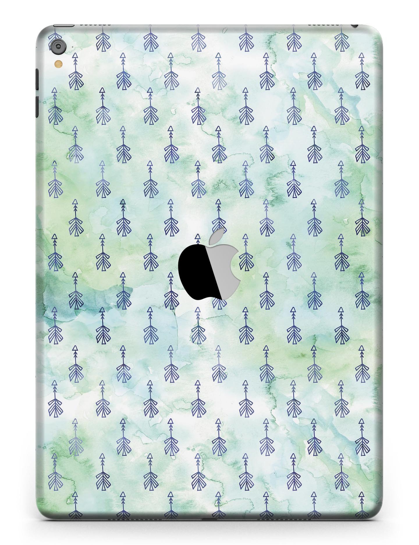 Green Watercolor Tribal Arrow Pattern Full Body Skin for iPad Pro, showcasing vibrant tribal design on a sleek device.