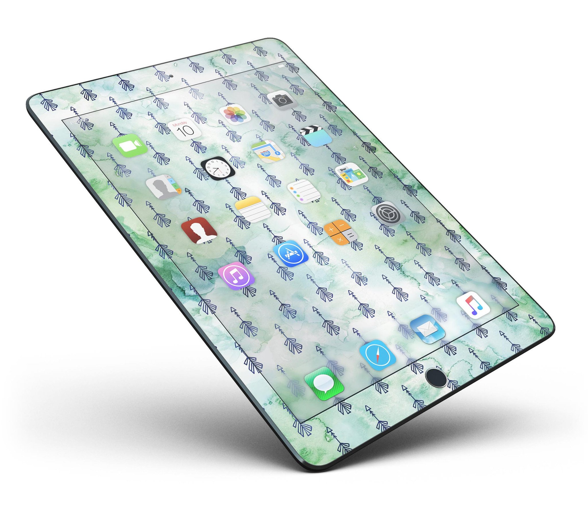 Green Watercolor Tribal Arrow Pattern Full Body Skin for iPad Pro, showcasing vibrant tribal design on a sleek device.