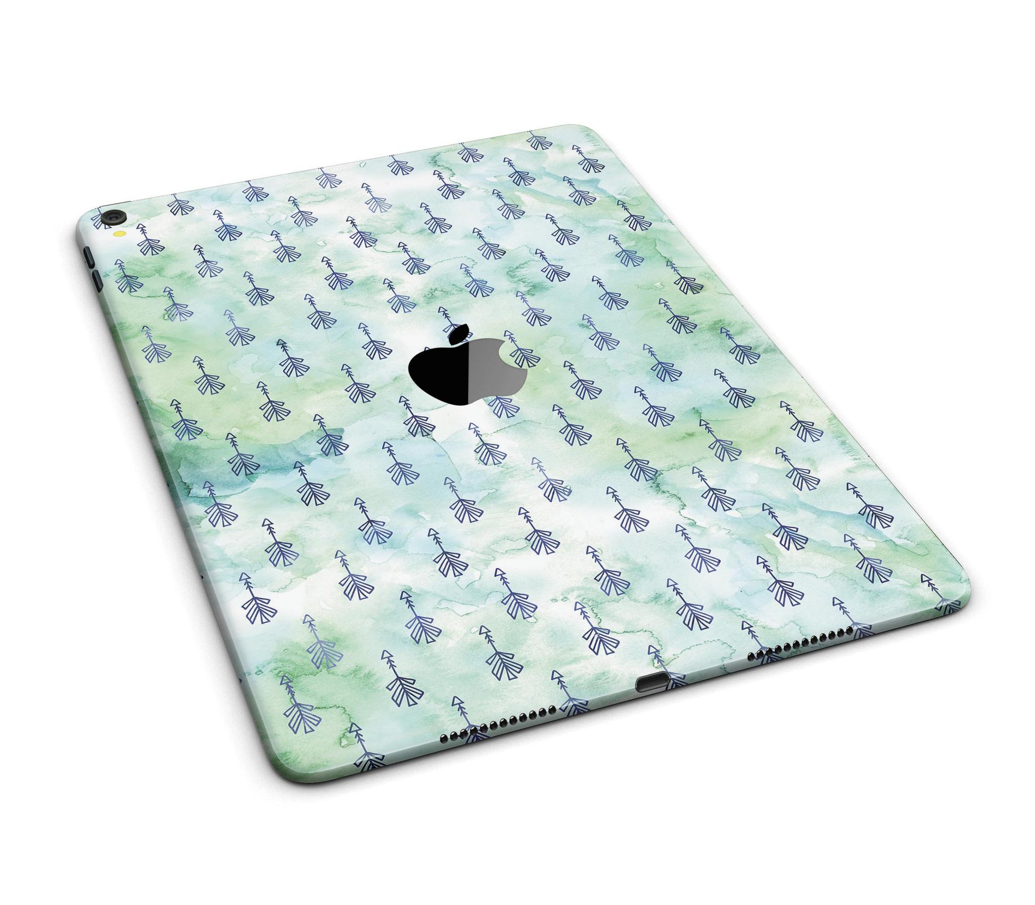 Green Watercolor Tribal Arrow Pattern Full Body Skin for iPad Pro, showcasing vibrant tribal design on a sleek device.