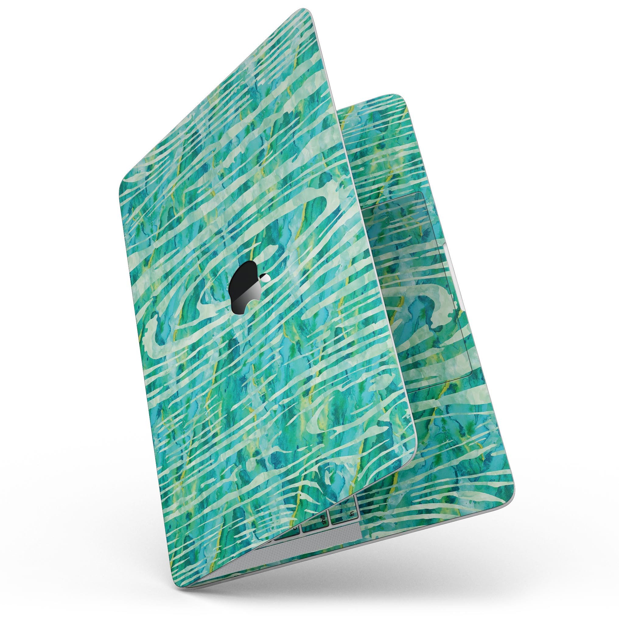 Green Watercolor Woodgrain skin for 13" MacBook Pro without Touch Bar, showcasing a vibrant design that protects the device.