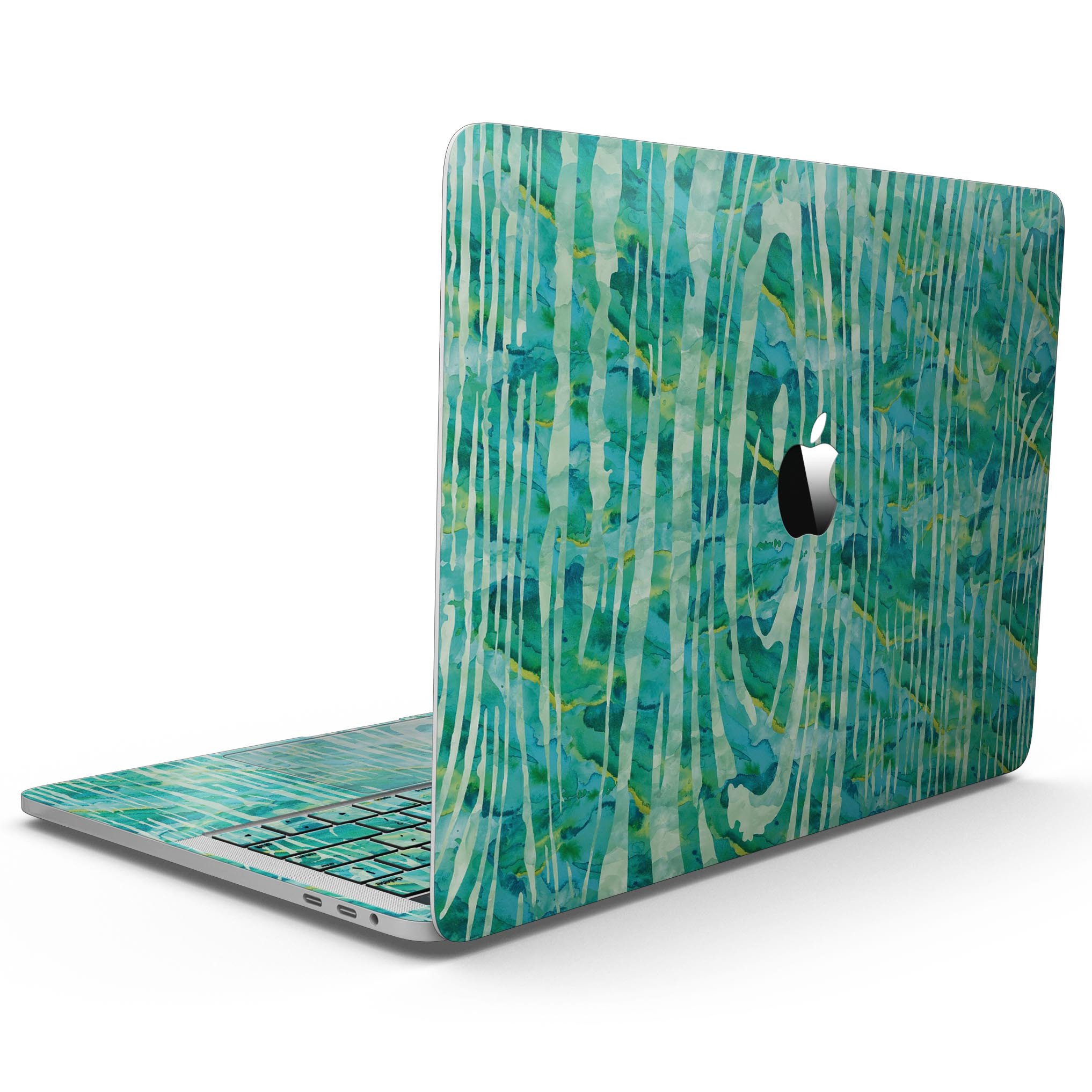 Green Watercolor Woodgrain skin for 13" MacBook Pro without Touch Bar, showcasing a vibrant design that protects the device.