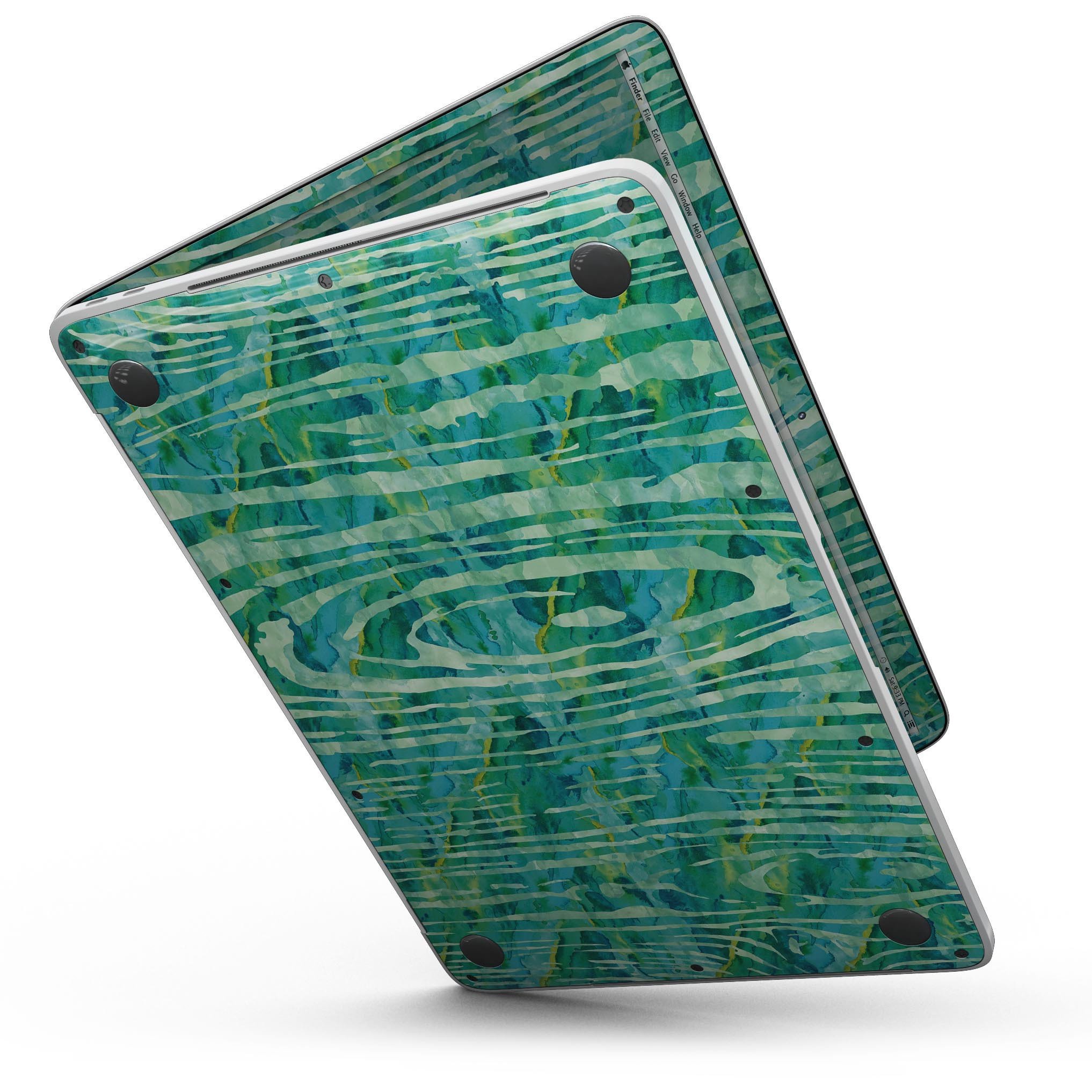 Green Watercolor Woodgrain skin for 13" MacBook Pro without Touch Bar, showcasing a vibrant design that protects the device.