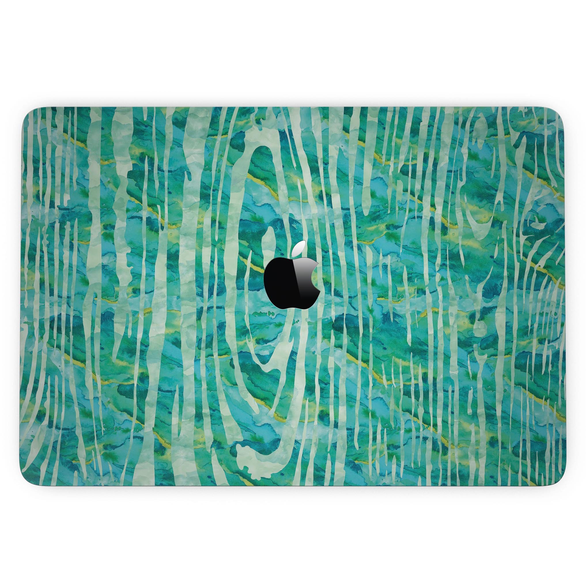 Green Watercolor Woodgrain skin for 13" MacBook Pro without Touch Bar, showcasing a vibrant design that protects the device.