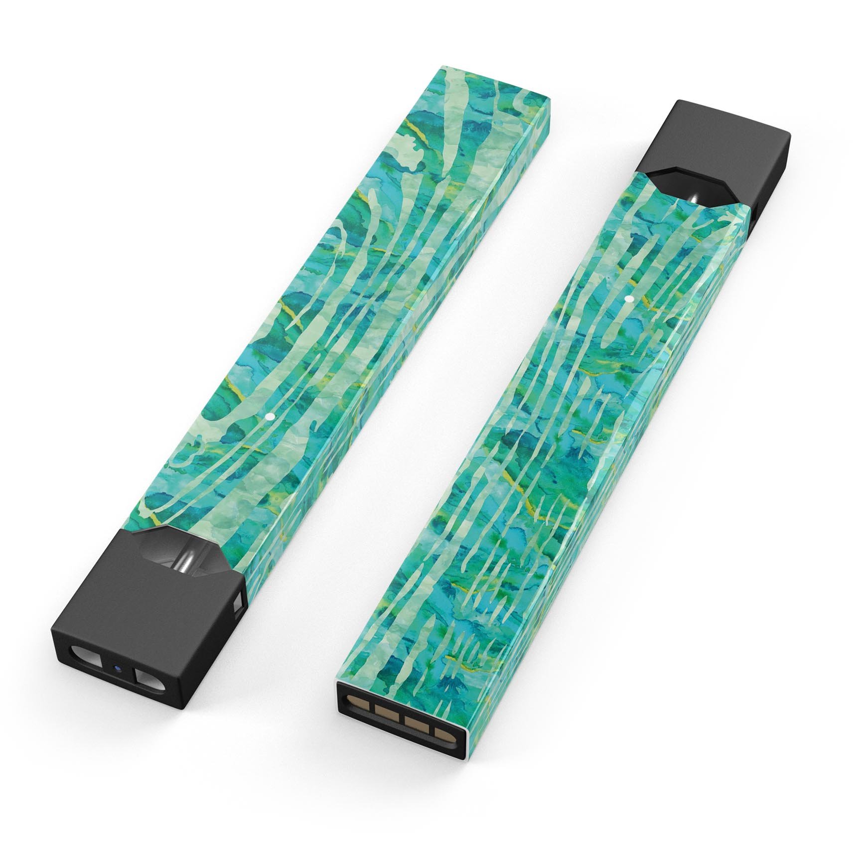 Green Watercolor Woodgrain skin-wrap for JUUL vaping device, showcasing vibrant design and protective features.