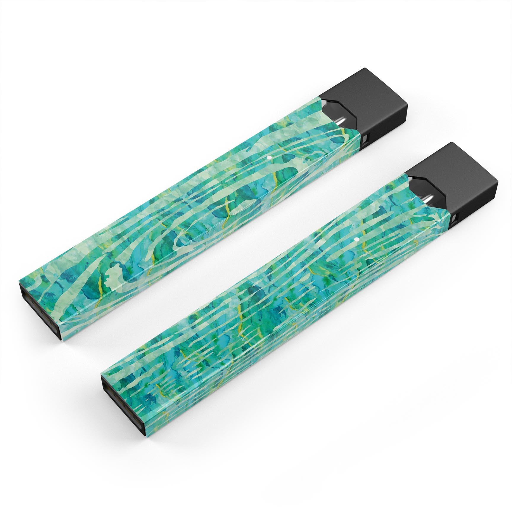 Green Watercolor Woodgrain skin-wrap for JUUL vaping device, showcasing vibrant design and protective features.