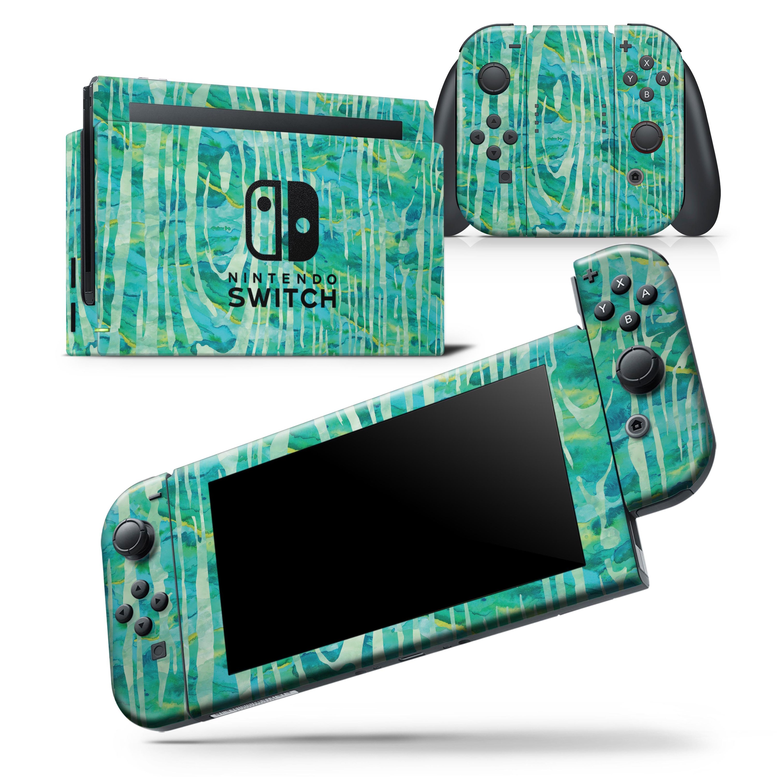 Green Watercolor Woodgrain skin wrap decal for Nintendo Switch Lite, showcasing vibrant colors and a unique woodgrain design.