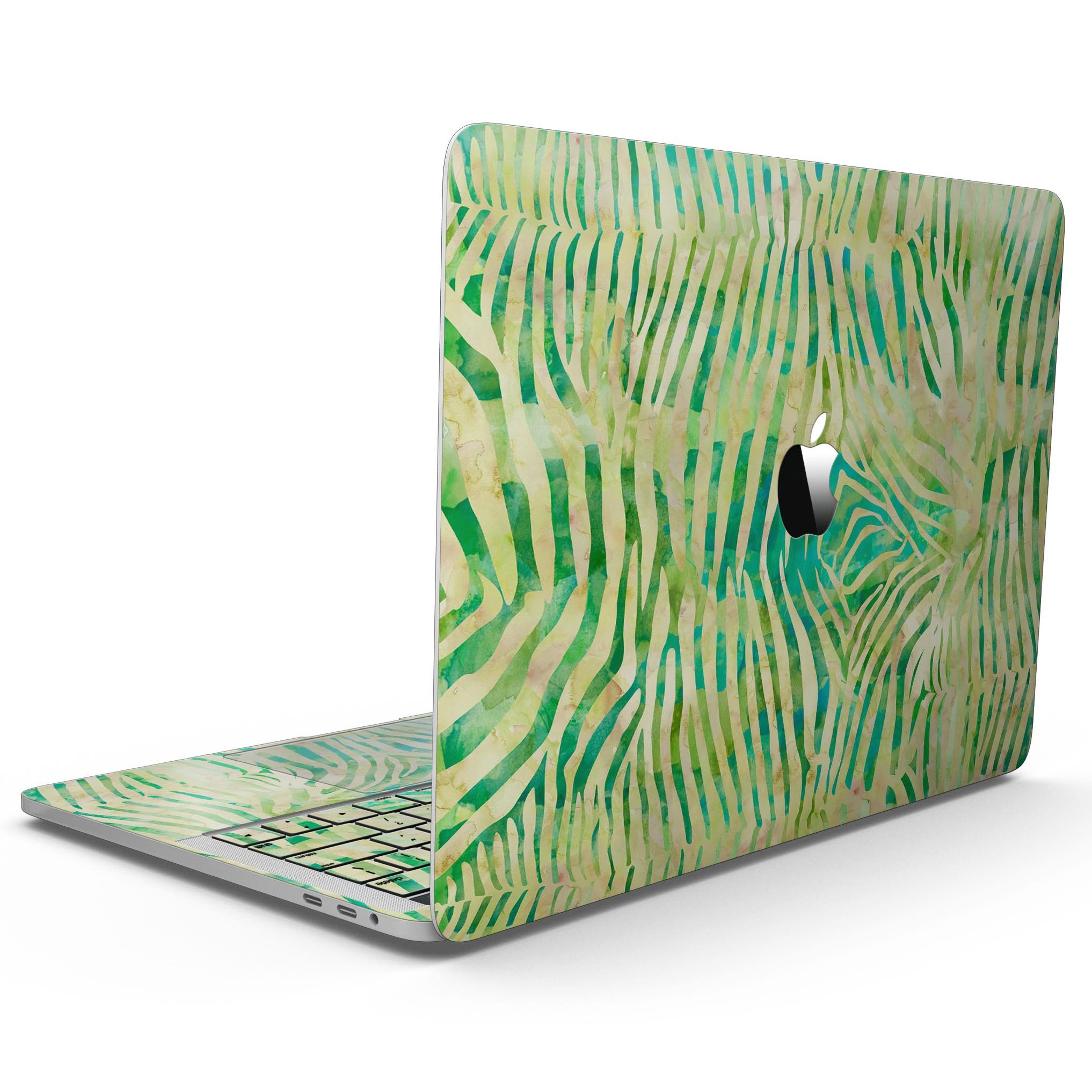 Green Watercolor Zebra Pattern skin for 13" MacBook Pro without Touch Bar, showcasing vibrant colors and unique design.