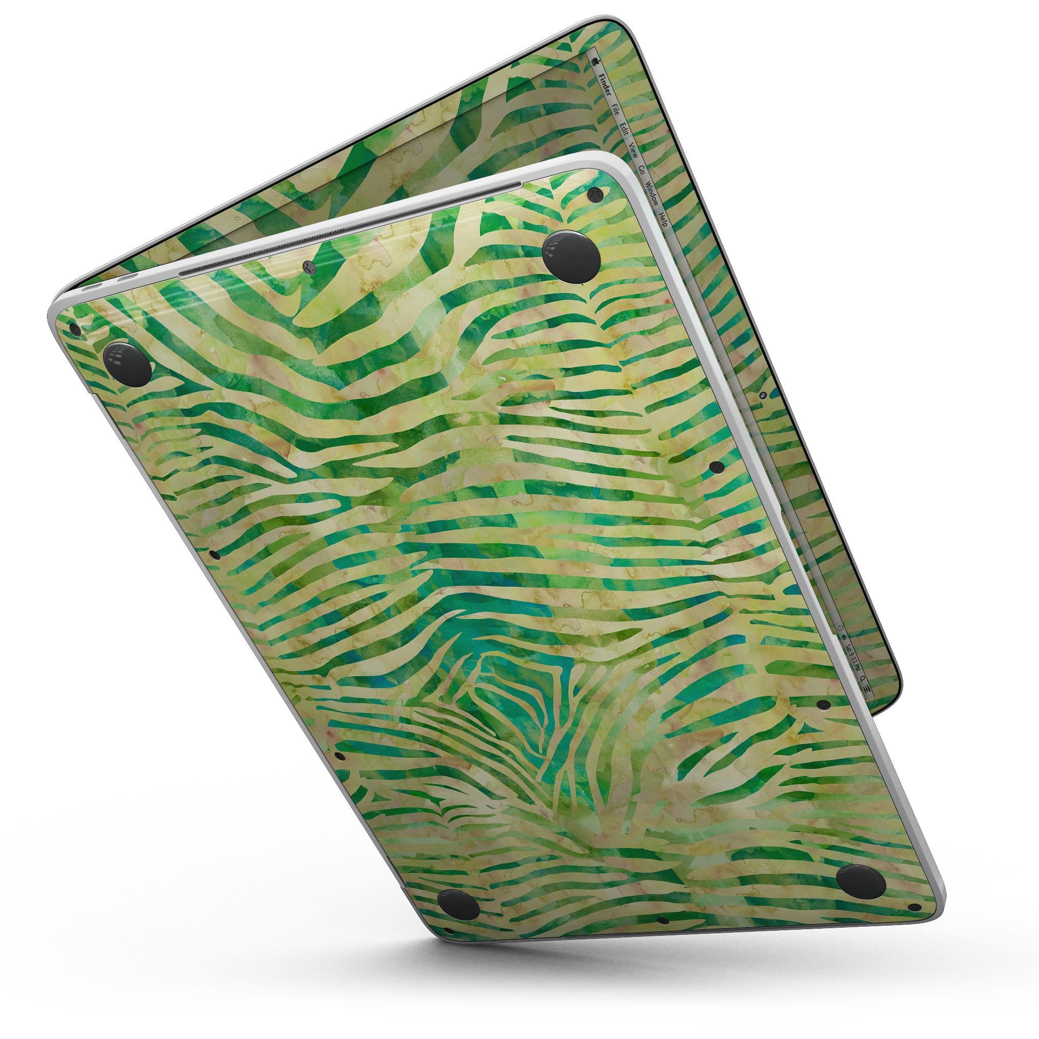 Green Watercolor Zebra Pattern skin for 13" MacBook Pro without Touch Bar, showcasing vibrant colors and unique design.