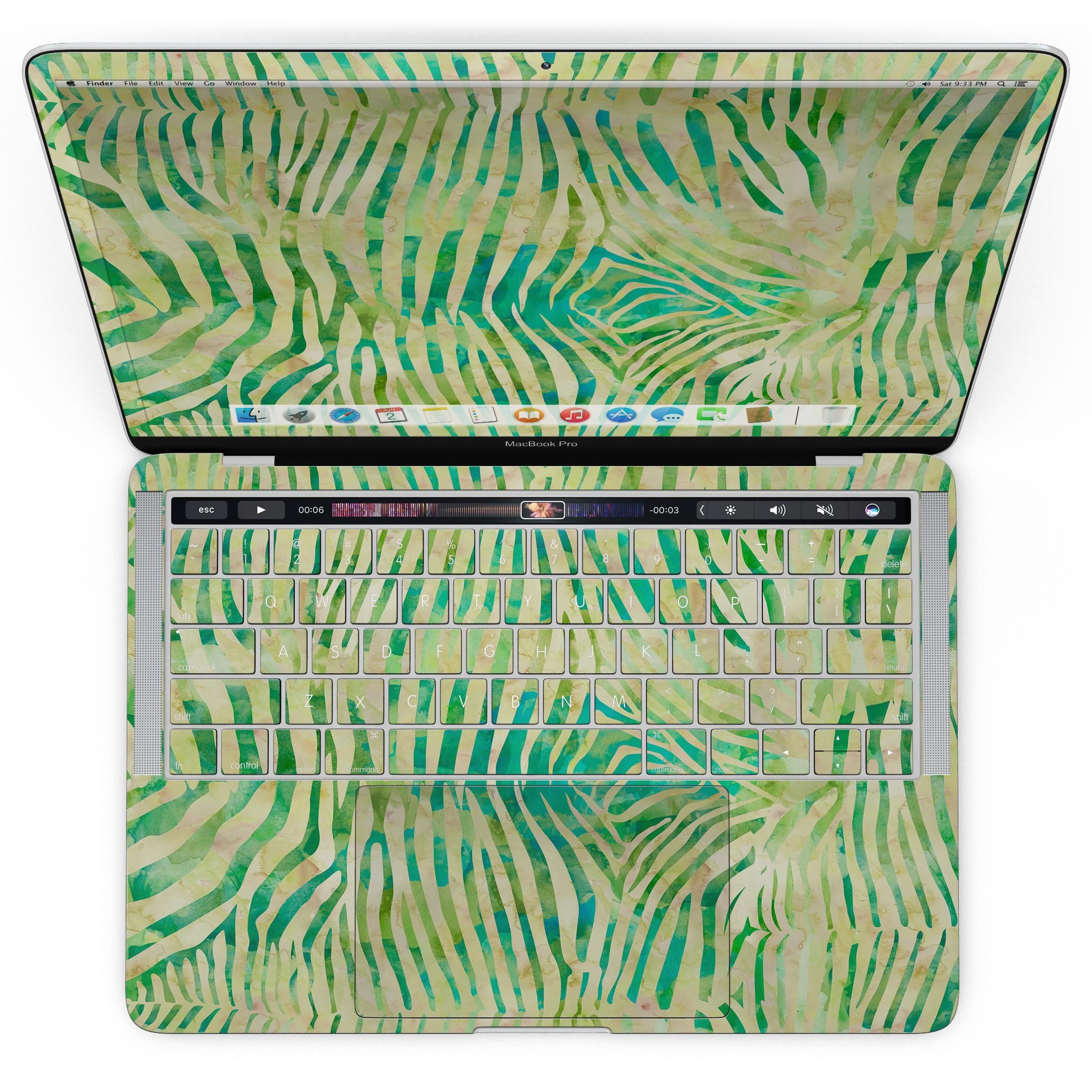 Green Watercolor Zebra Pattern skin for MacBook Pro with Touch Bar, showcasing vibrant colors and unique design.