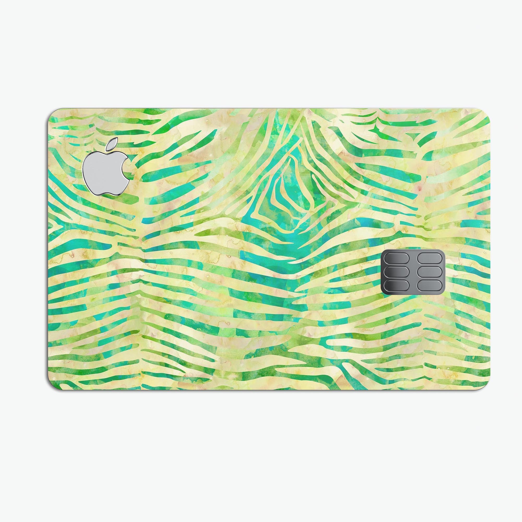 Green Watercolor Zebra Pattern decal skin for Apple Card, showcasing vibrant colors and unique design.