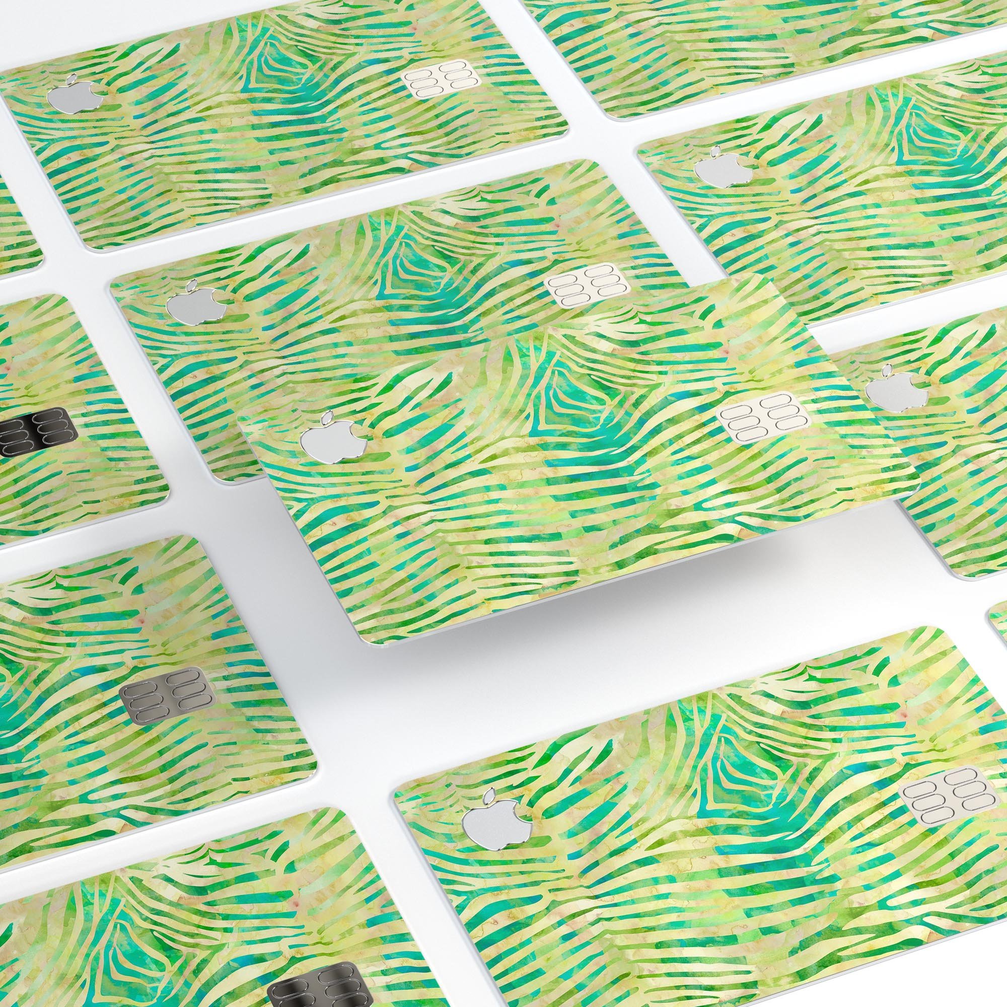 Green Watercolor Zebra Pattern decal skin for Apple Card, showcasing vibrant colors and unique design.