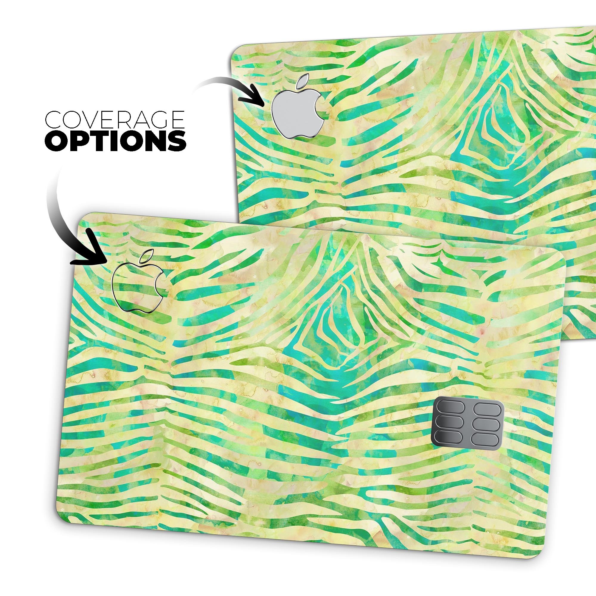 Green Watercolor Zebra Pattern decal skin for Apple Card, showcasing vibrant colors and unique design.