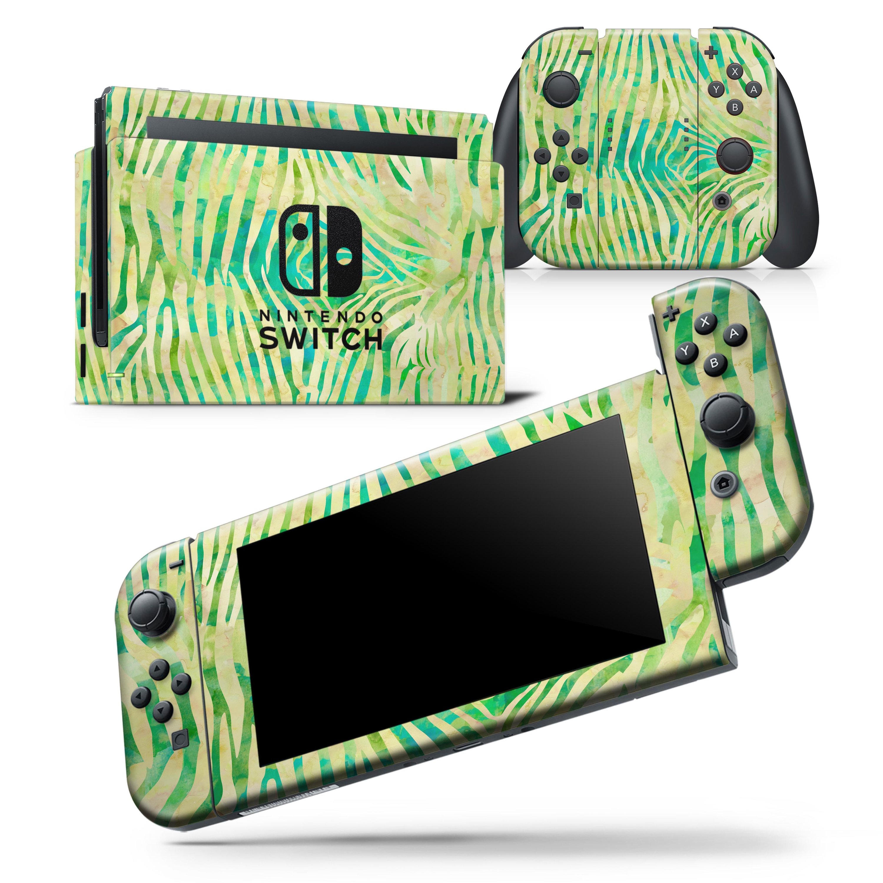 Green Watercolor Zebra Pattern Skin Wrap Decal for Nintendo Switch, showcasing vibrant colors and unique design.