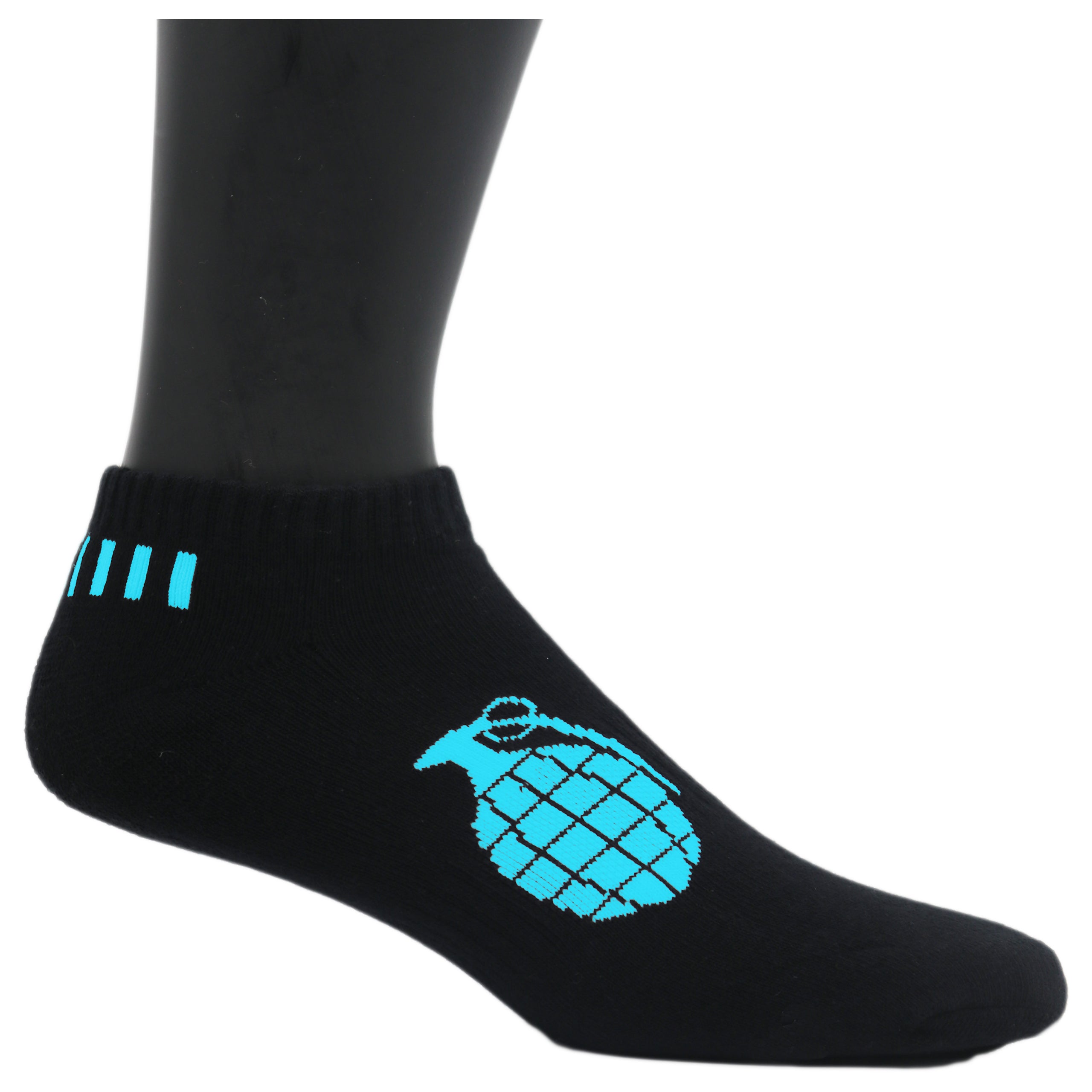 Grenade Low Cut Socks in Black and Cyan with Ventilator Mesh Top and Compression Technology.