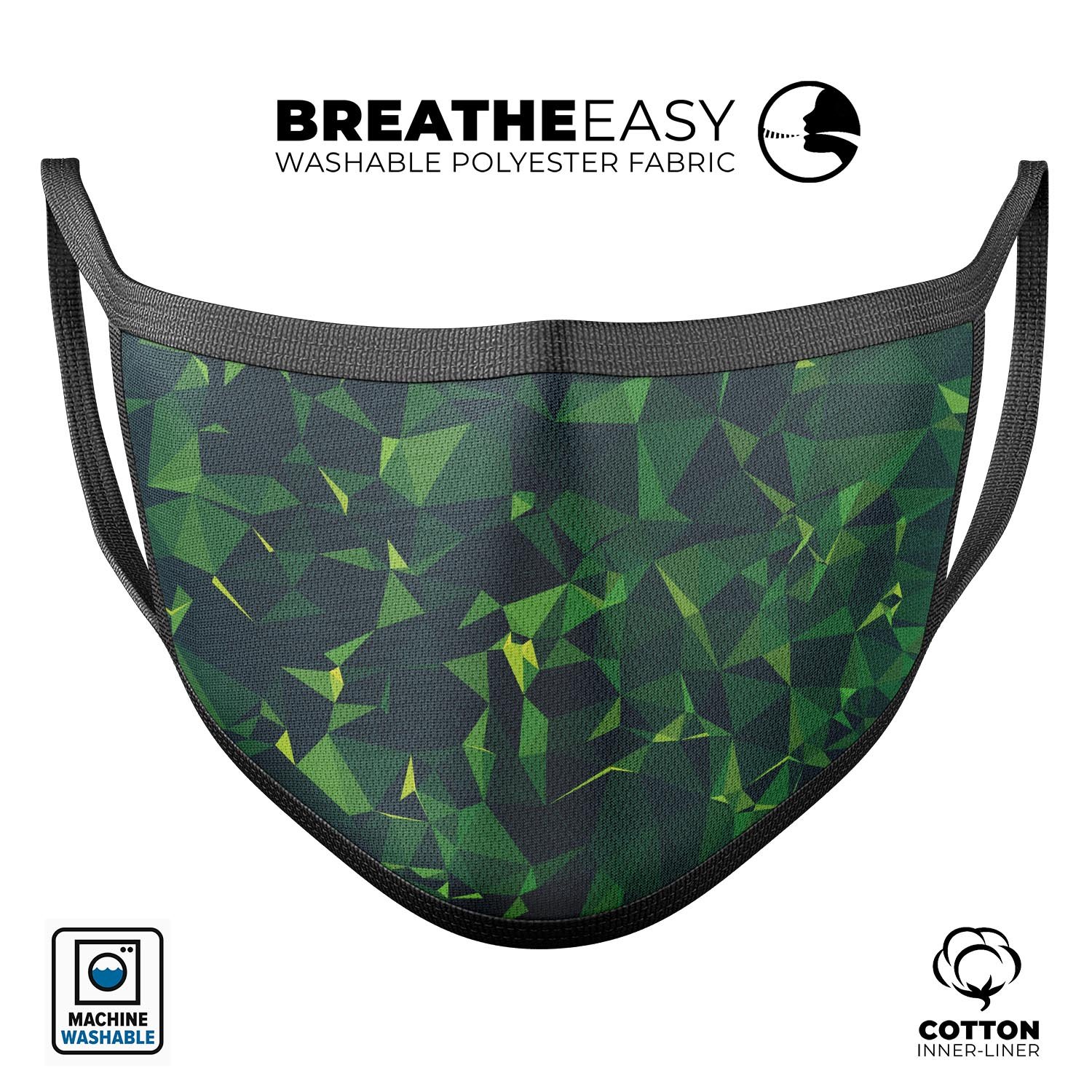 Greenage Geometric V13 mouth cover, a stylish and comfortable anti-dust mask made in the USA, featuring adjustable ear loops and a vibrant design.