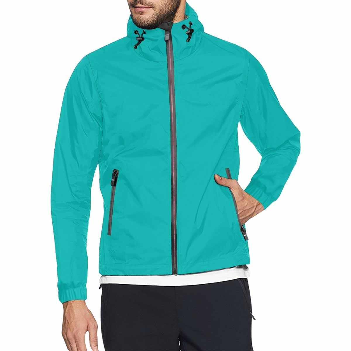 Greenish blue hooded windbreaker jacket for men and women, featuring a stylish design with zippered pockets and adjustable hood.