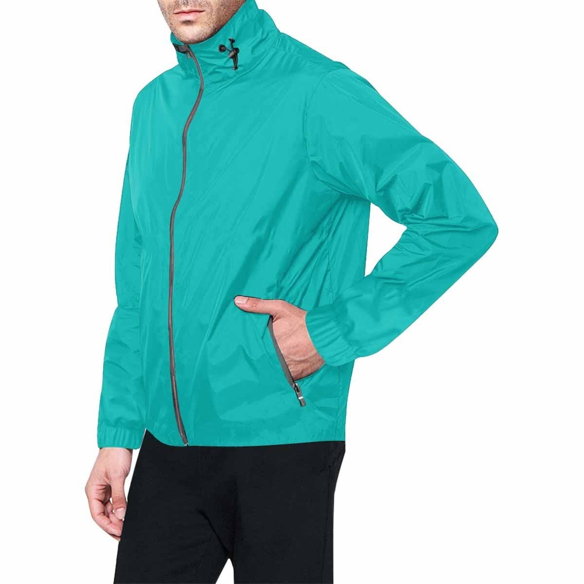 Greenish blue hooded windbreaker jacket for men and women, featuring a stylish design with zippered pockets and adjustable hood.