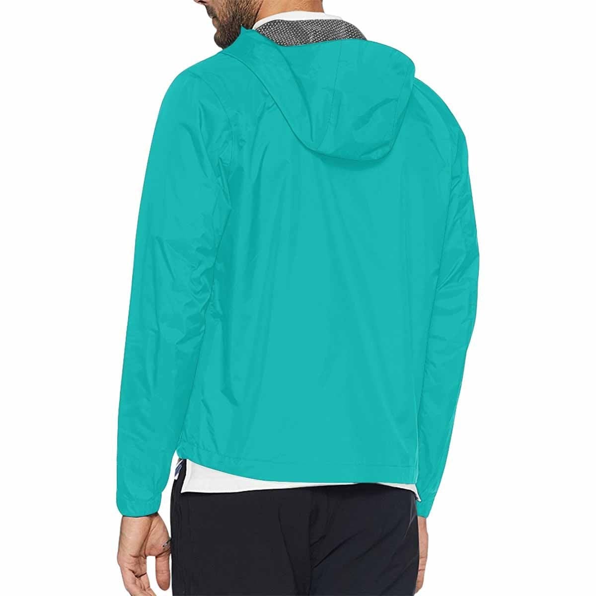 Greenish blue hooded windbreaker jacket for men and women, featuring a stylish design with zippered pockets and adjustable hood.