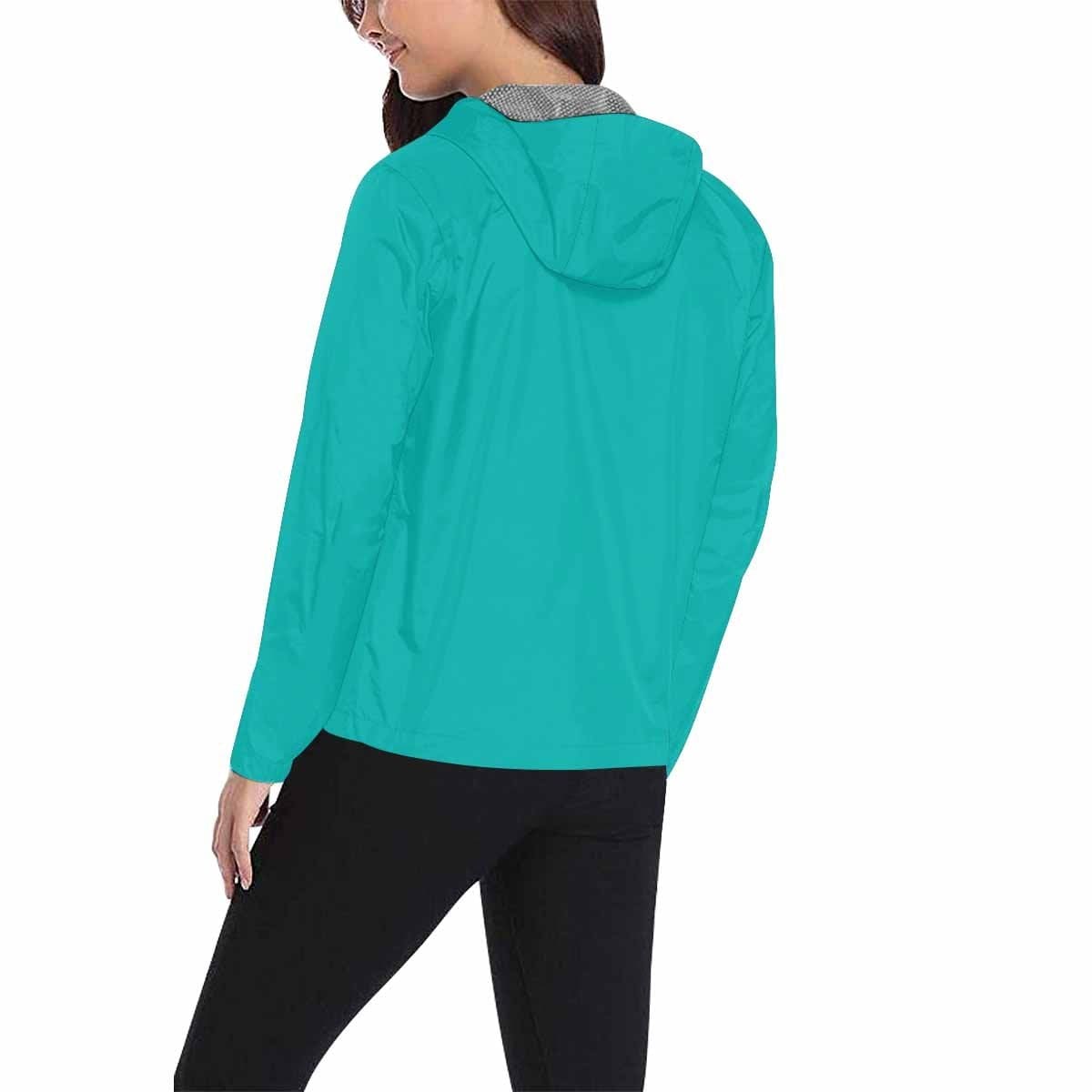 Greenish blue hooded windbreaker jacket for men and women, featuring a stylish design with zippered pockets and adjustable hood.