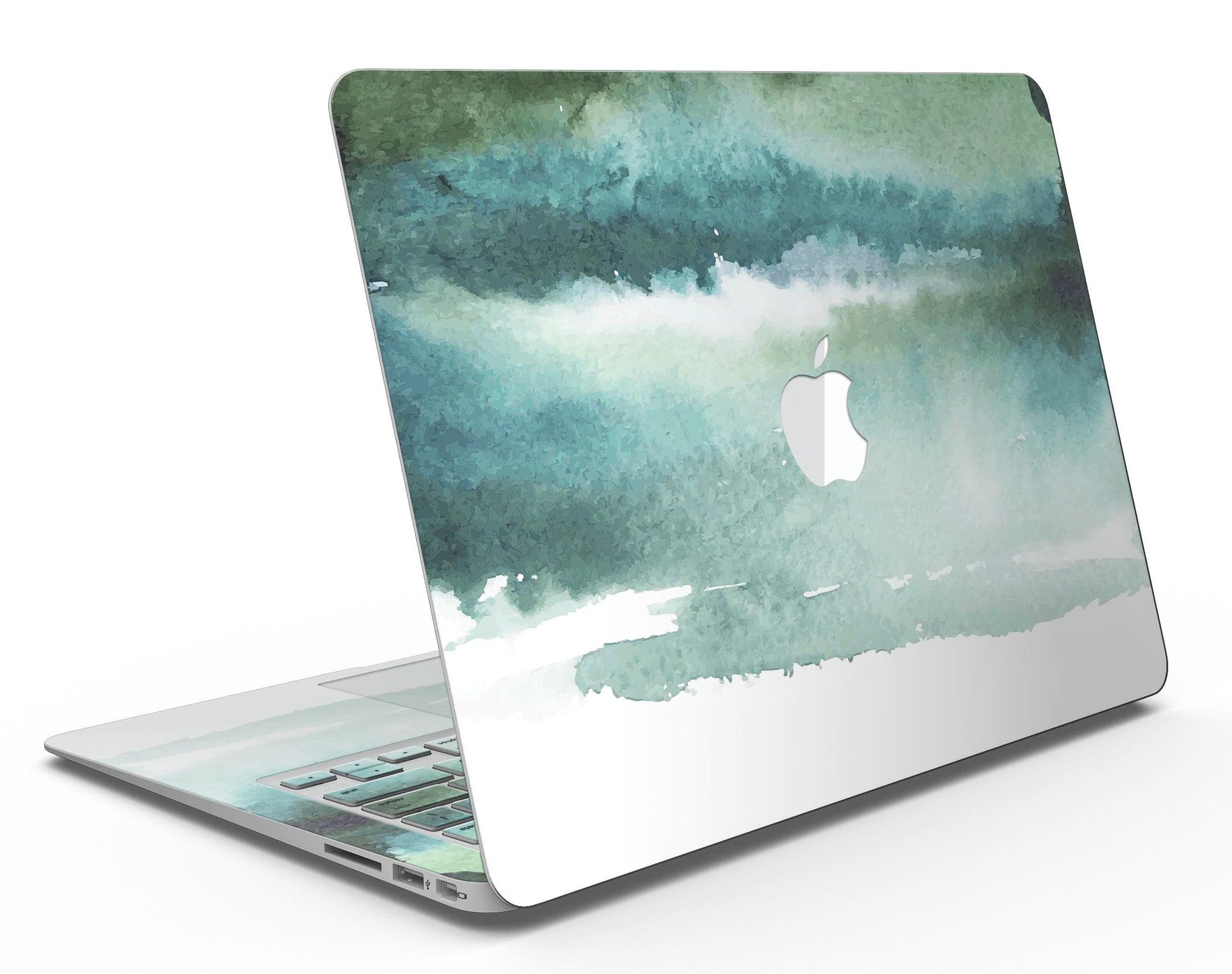 Greenish watercolor strokes MacBook Air skin kit showcasing vibrant colors and design.