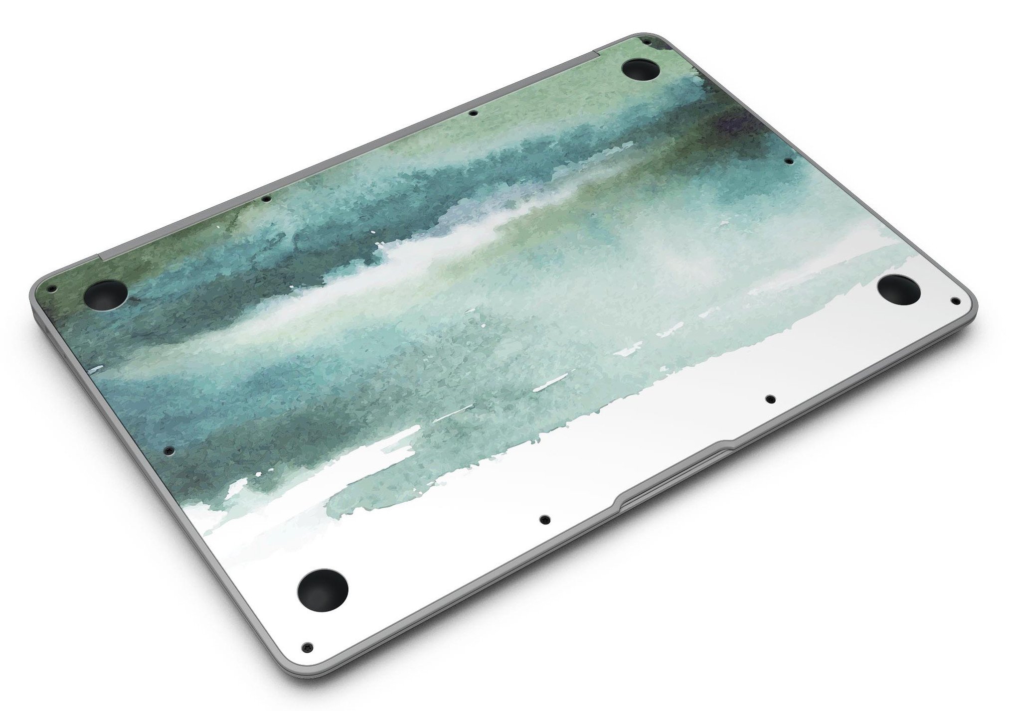 Greenish watercolor strokes MacBook Air skin kit showcasing vibrant colors and design.