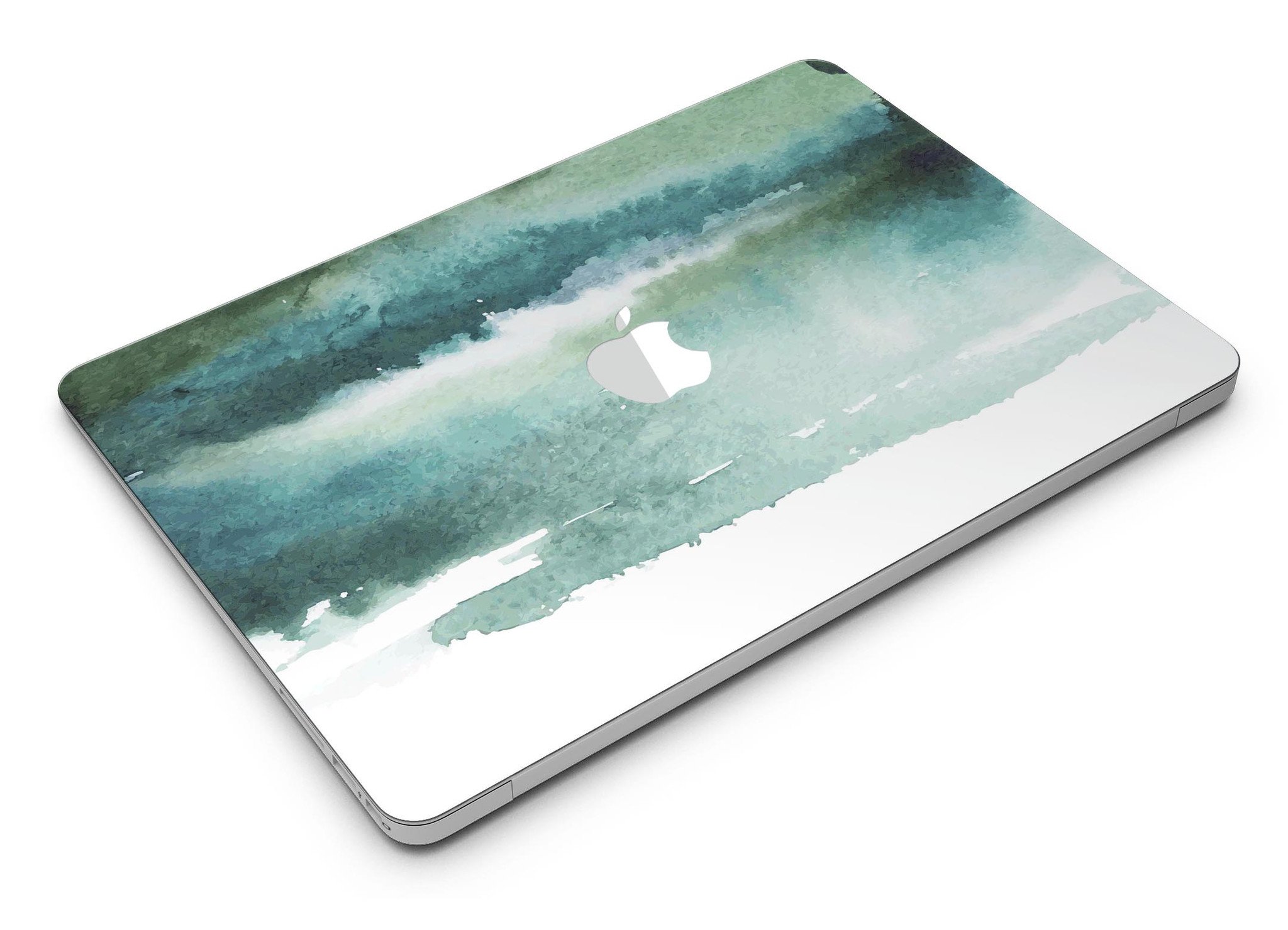 Greenish watercolor strokes MacBook Air skin kit showcasing vibrant colors and design.