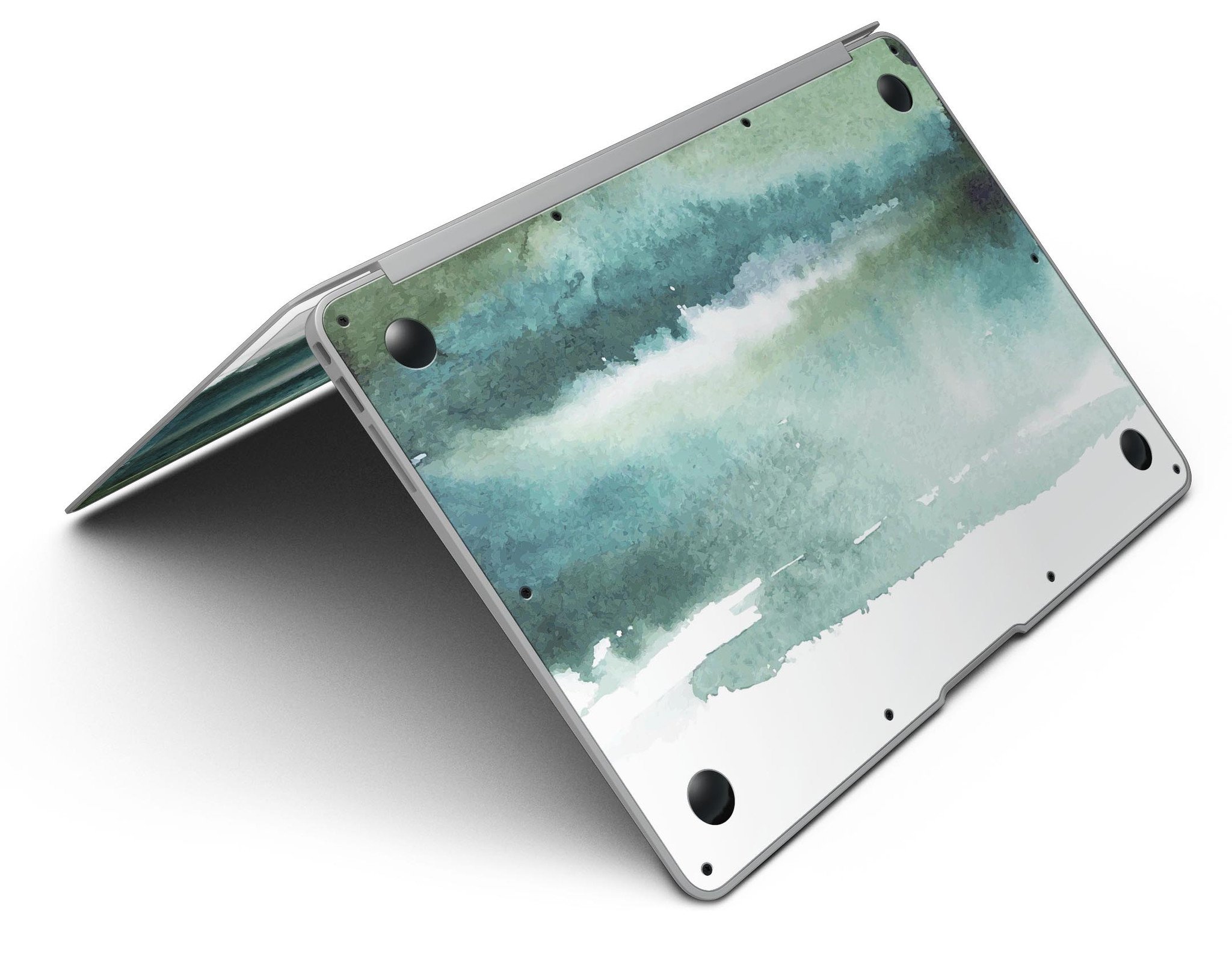 Greenish watercolor strokes MacBook Air skin kit showcasing vibrant colors and design.