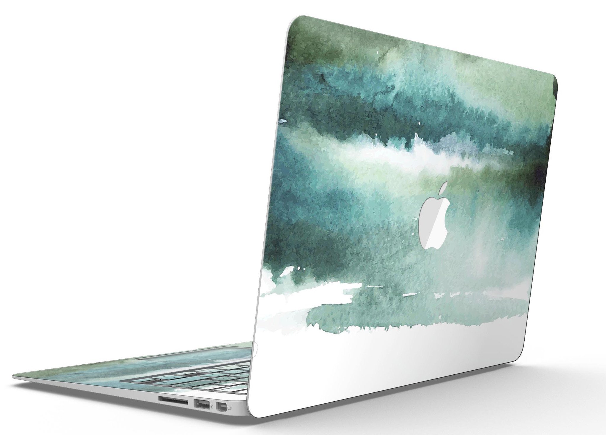 Greenish watercolor strokes MacBook Air skin kit showcasing vibrant colors and design.