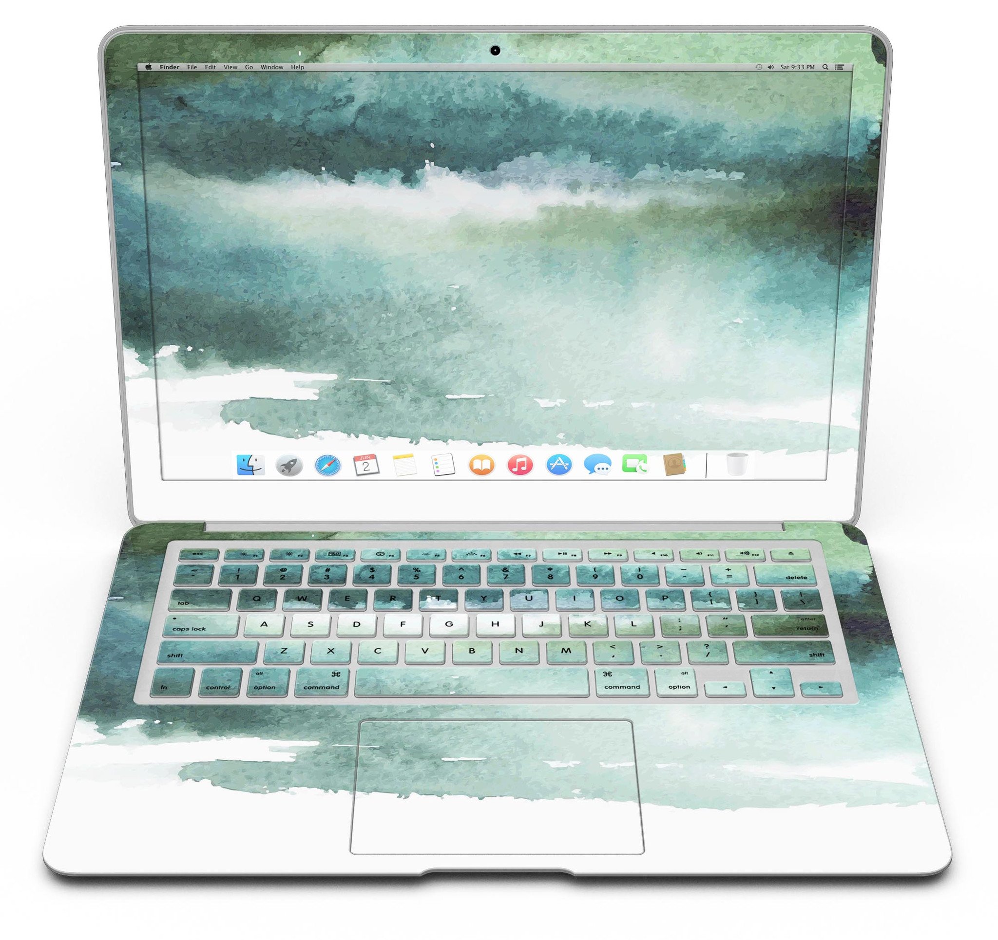 Greenish watercolor strokes MacBook Air skin kit showcasing vibrant colors and design.