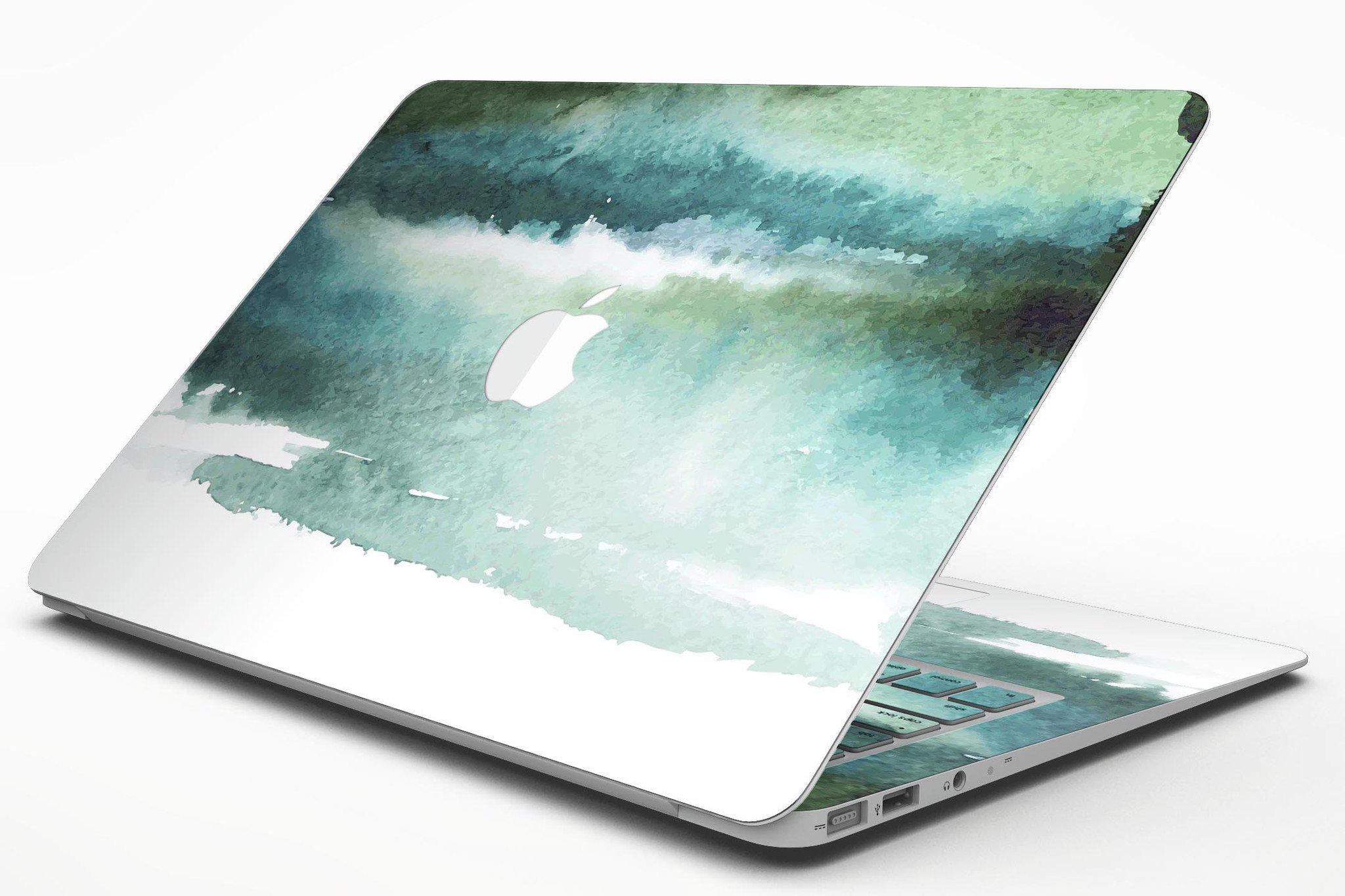 Greenish watercolor strokes MacBook Air skin kit showcasing vibrant colors and design.