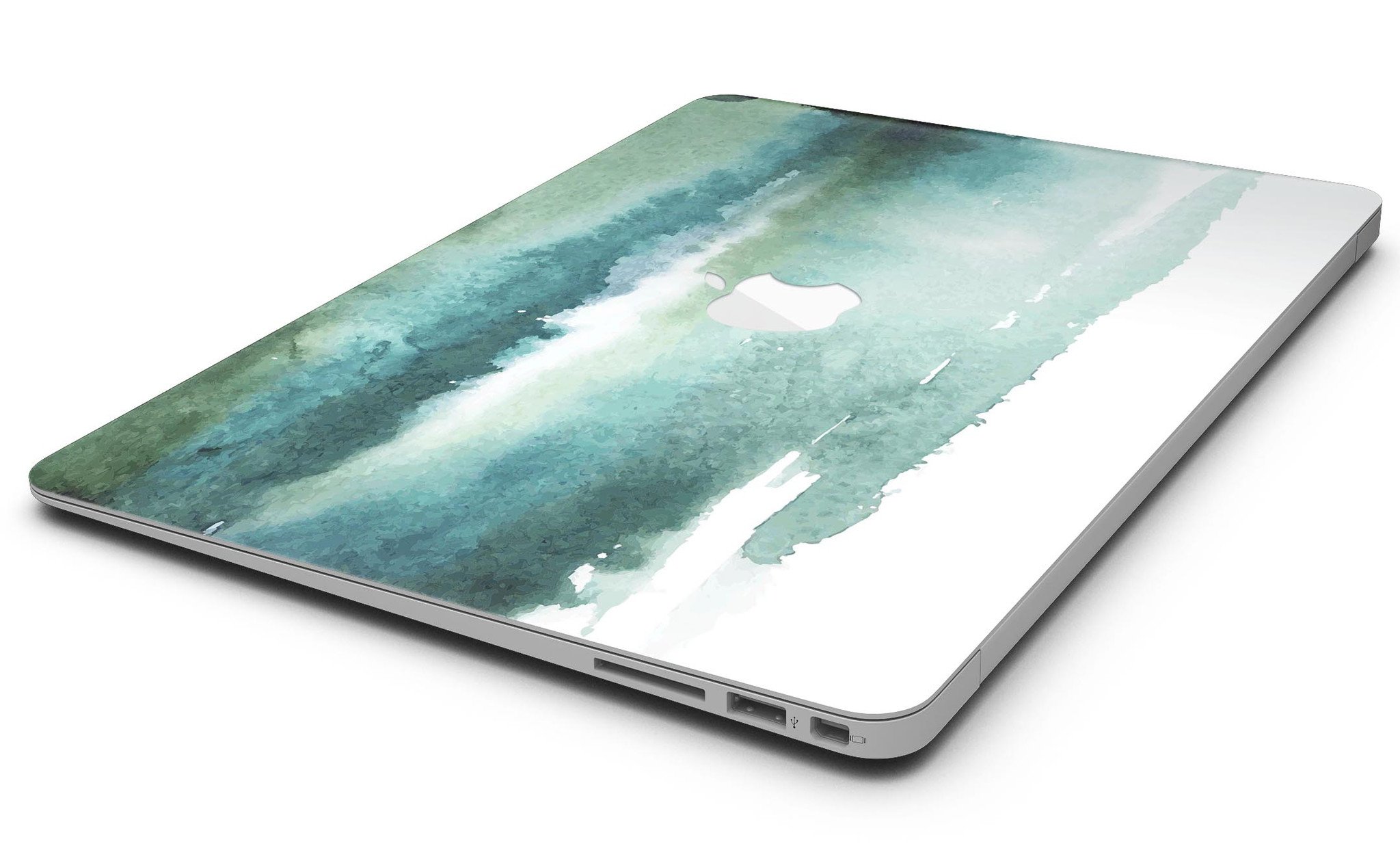 Greenish watercolor strokes MacBook Air skin kit showcasing vibrant colors and design.