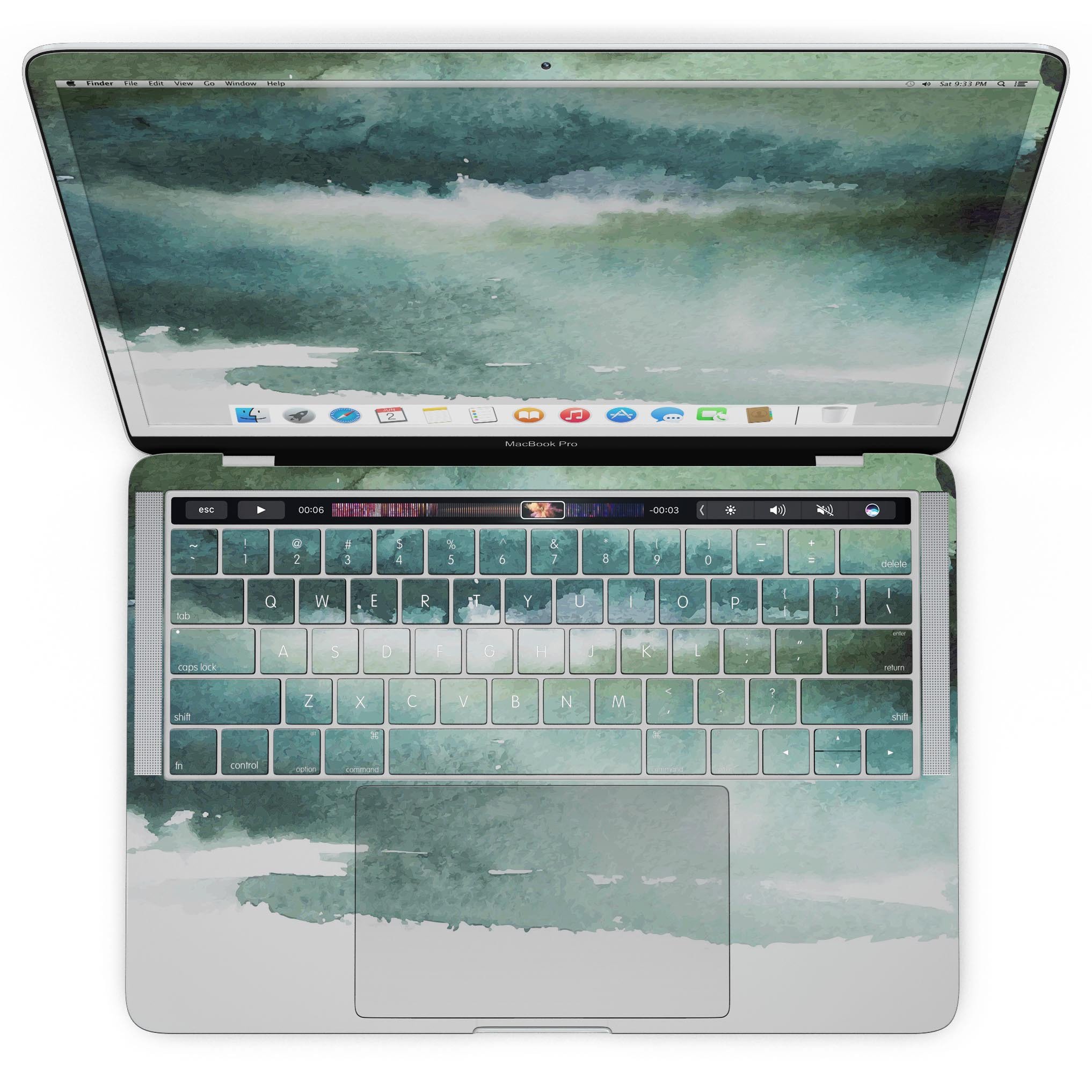 Greenish Watercolor Strokes skin kit for MacBook Pro with Touch Bar, showcasing vibrant colors and artistic design.