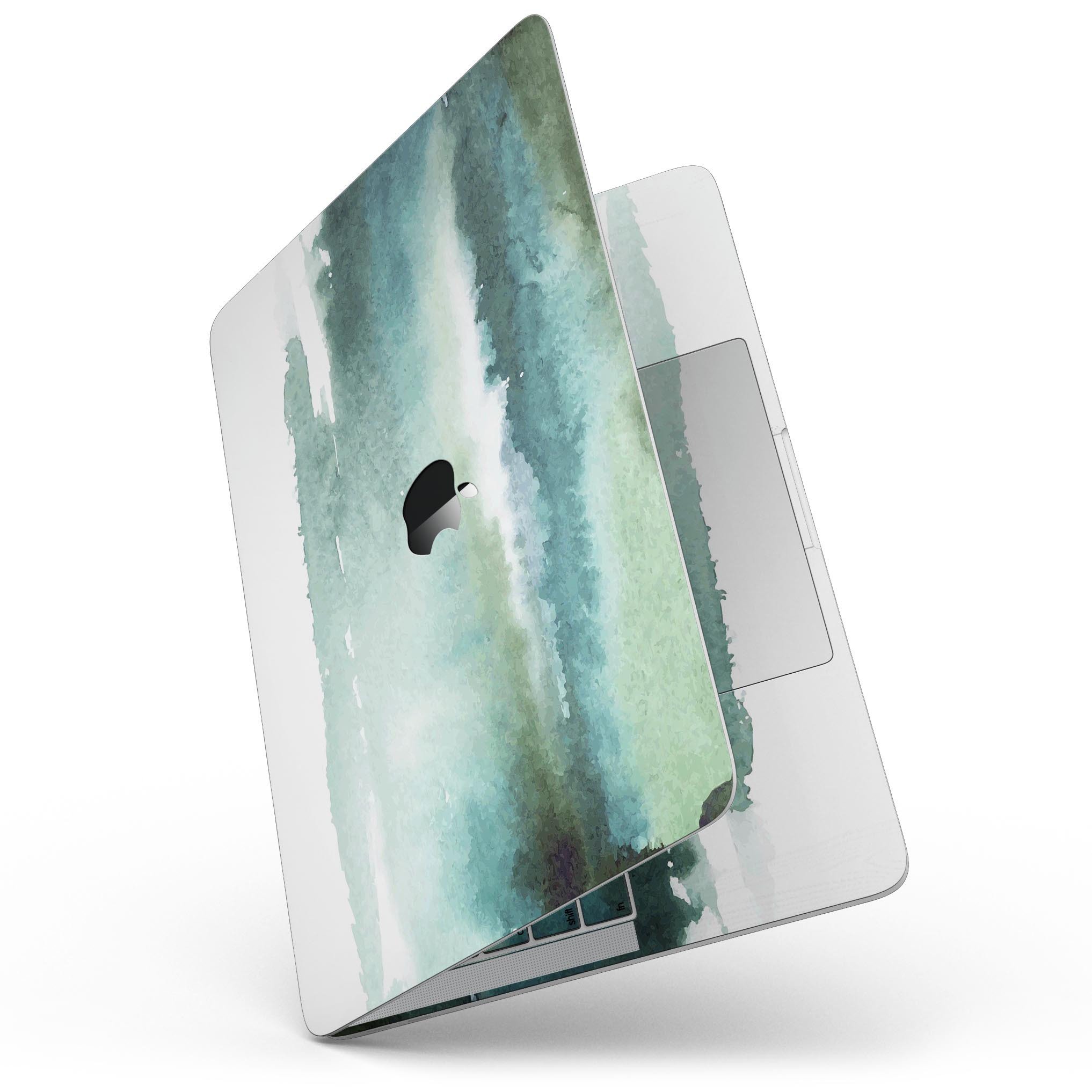 Greenish Watercolor Strokes skin kit for MacBook Pro with Touch Bar, showcasing vibrant colors and artistic design.