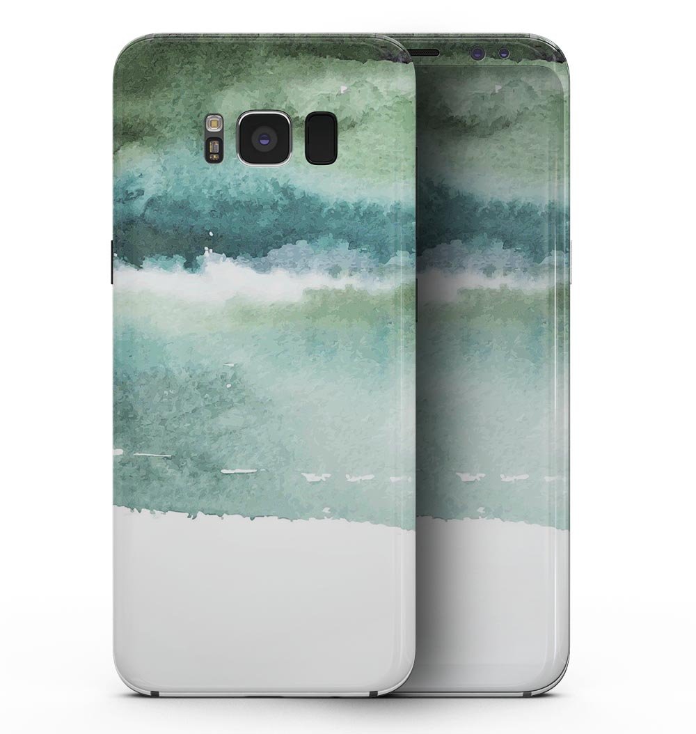 Samsung Galaxy S8 with Greenish Watercolor Strokes skin, showcasing vibrant colors and artistic design.