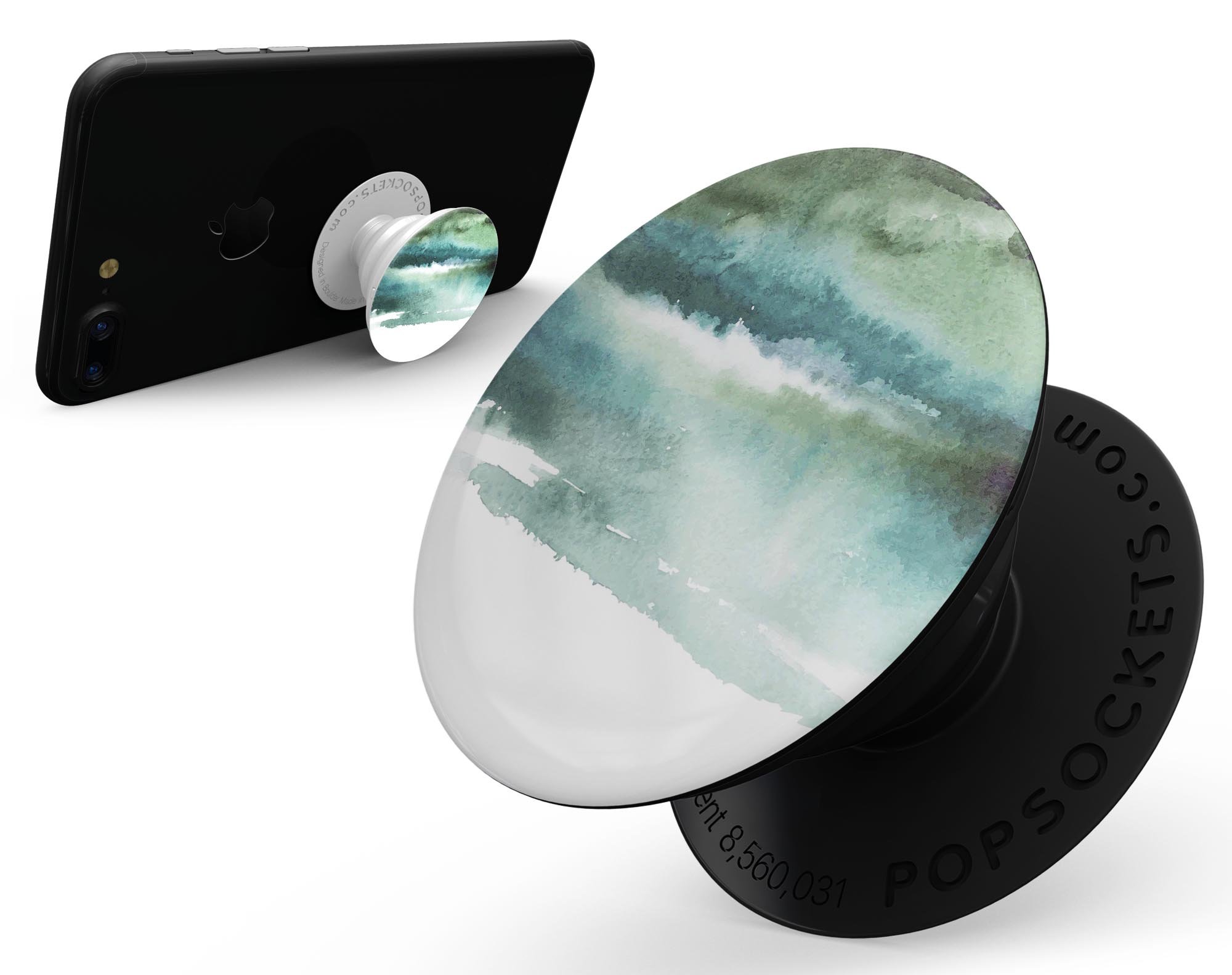 Greenish Watercolor Strokes Skin Kit for PopSockets, featuring vibrant watercolor design on premium vinyl.