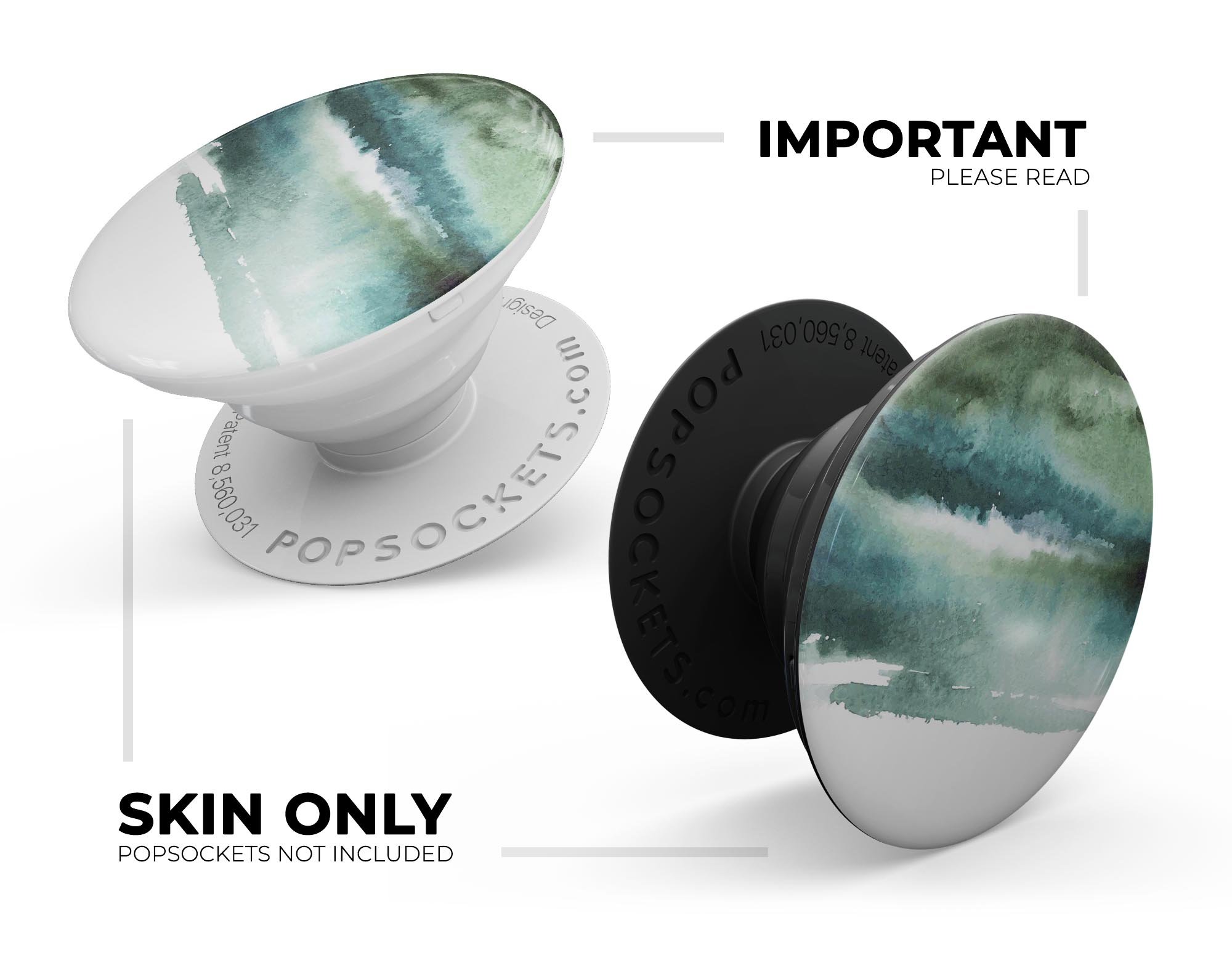 Greenish Watercolor Strokes Skin Kit for PopSockets, featuring vibrant watercolor design on premium vinyl.