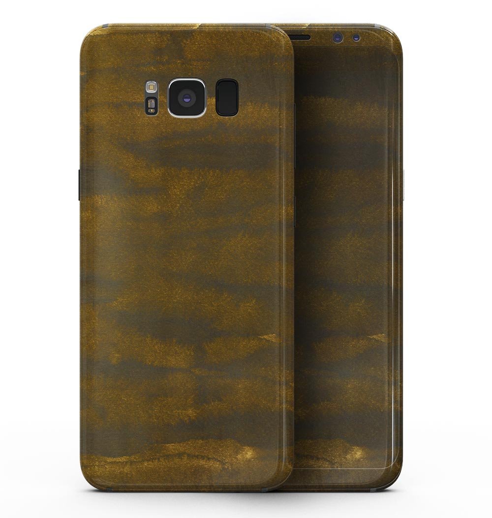 Samsung Galaxy S8 with Grunge Dark Golden Stripes full-body skin, showcasing a stylish design with dark tones and golden stripes.