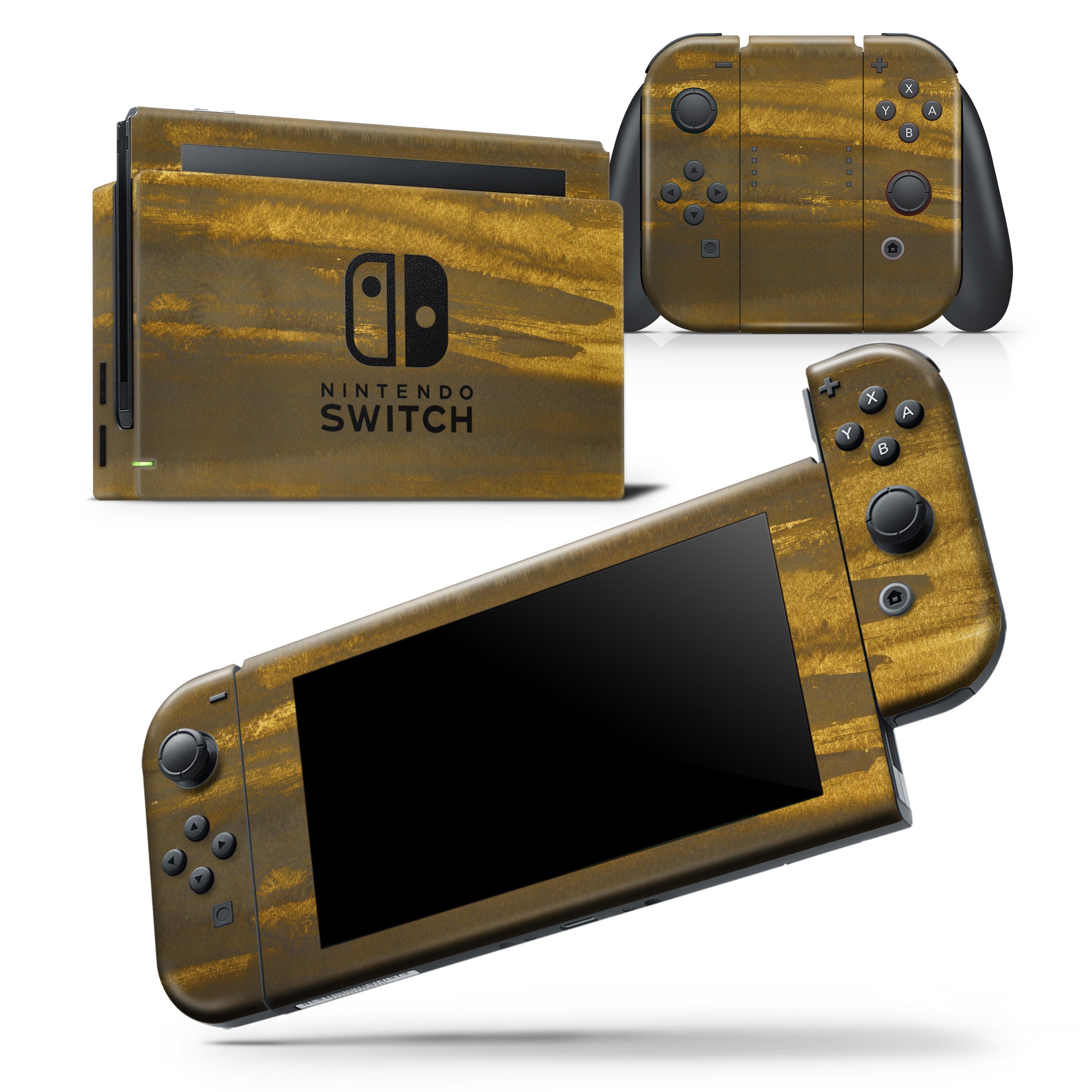 Grunge Gold and Brown Stripes skin wrap decal for Nintendo Switch, showcasing a stylish design that fits the console and controllers perfectly.