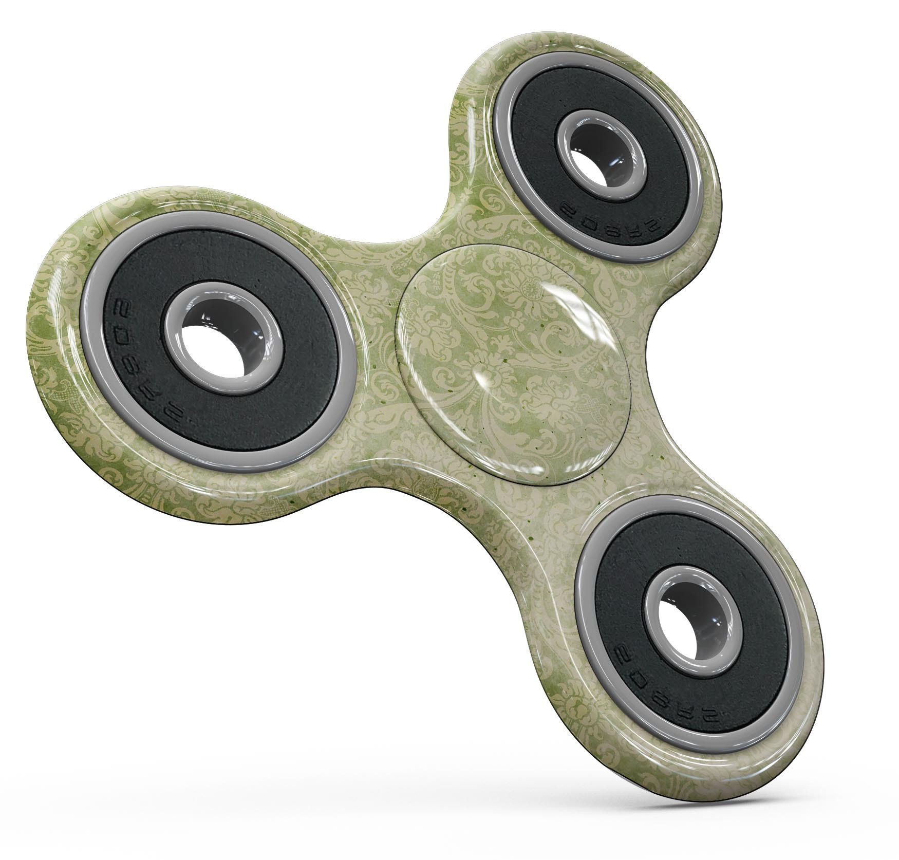 Grunge green and yellow damask pattern skin kit for fidget spinner, showcasing vibrant colors and intricate design.