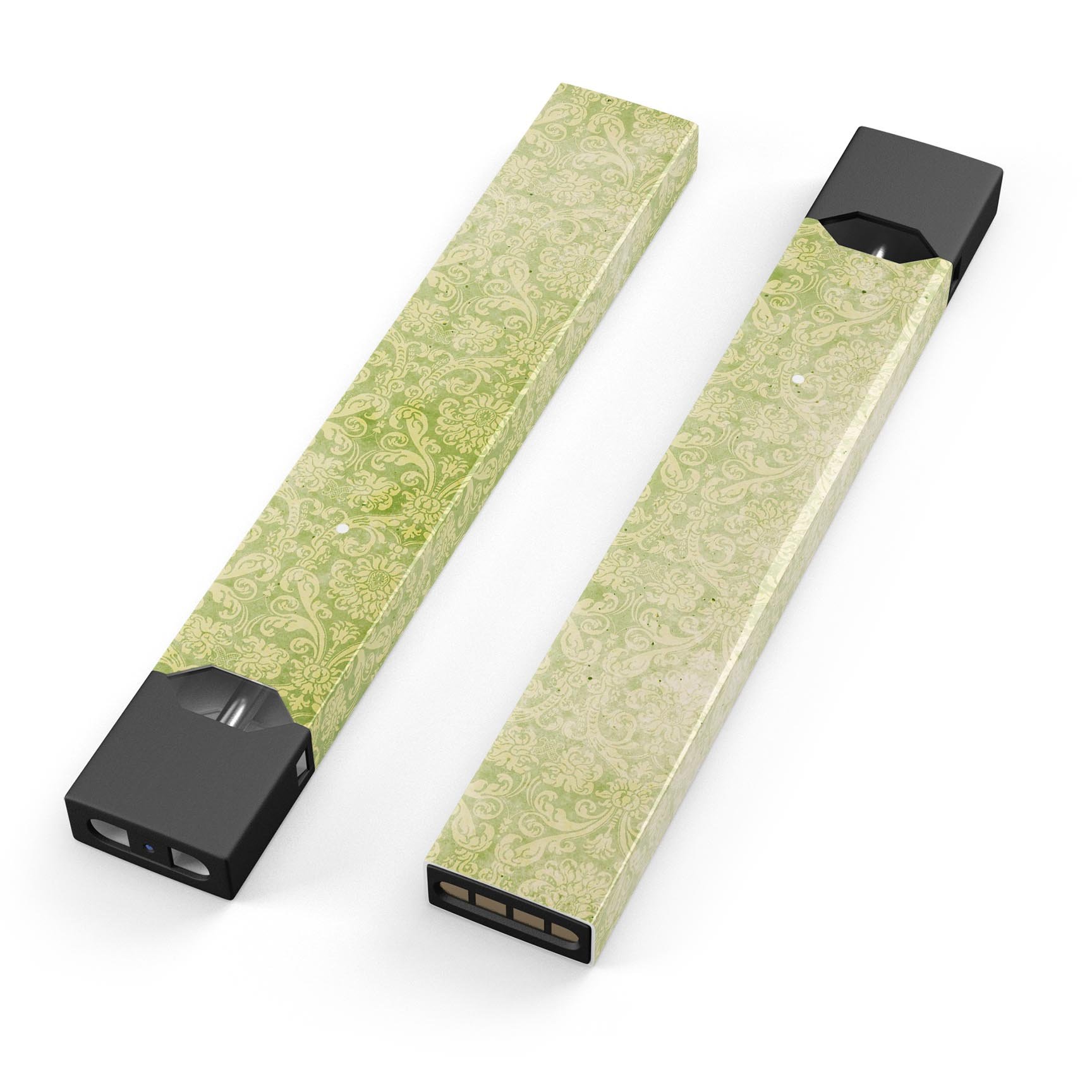 Grunge Green Yellow Damask Pattern decal for JUUL vaping device, showcasing a stylish design with a protective finish.