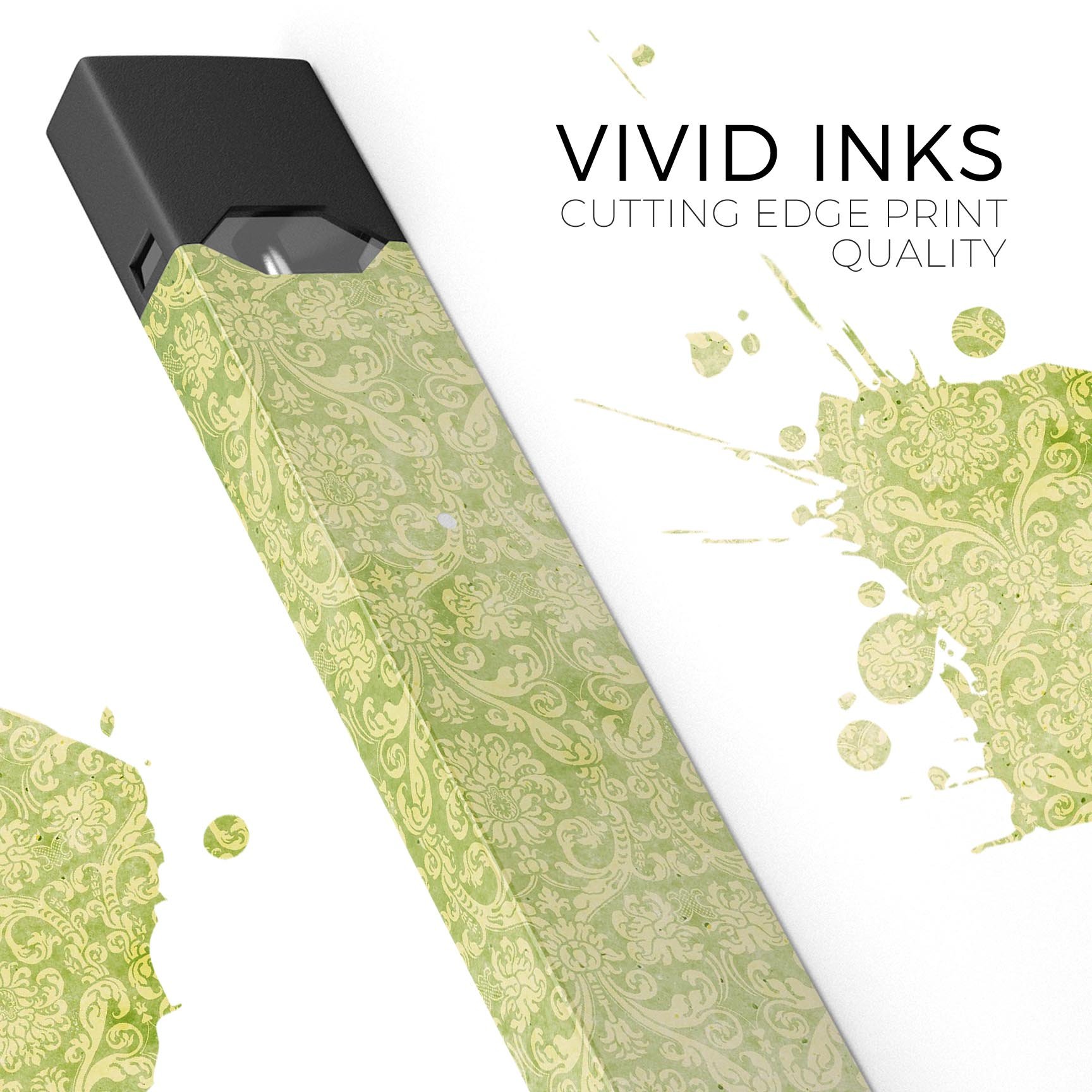 Grunge Green Yellow Damask Pattern decal for JUUL vaping device, showcasing a stylish design with a protective finish.