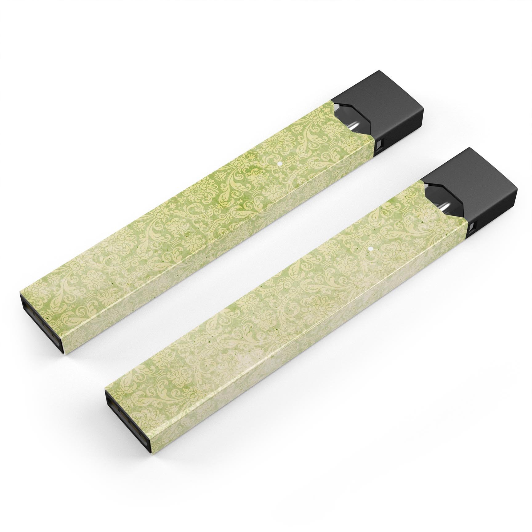 Grunge Green Yellow Damask Pattern decal for JUUL vaping device, showcasing a stylish design with a protective finish.