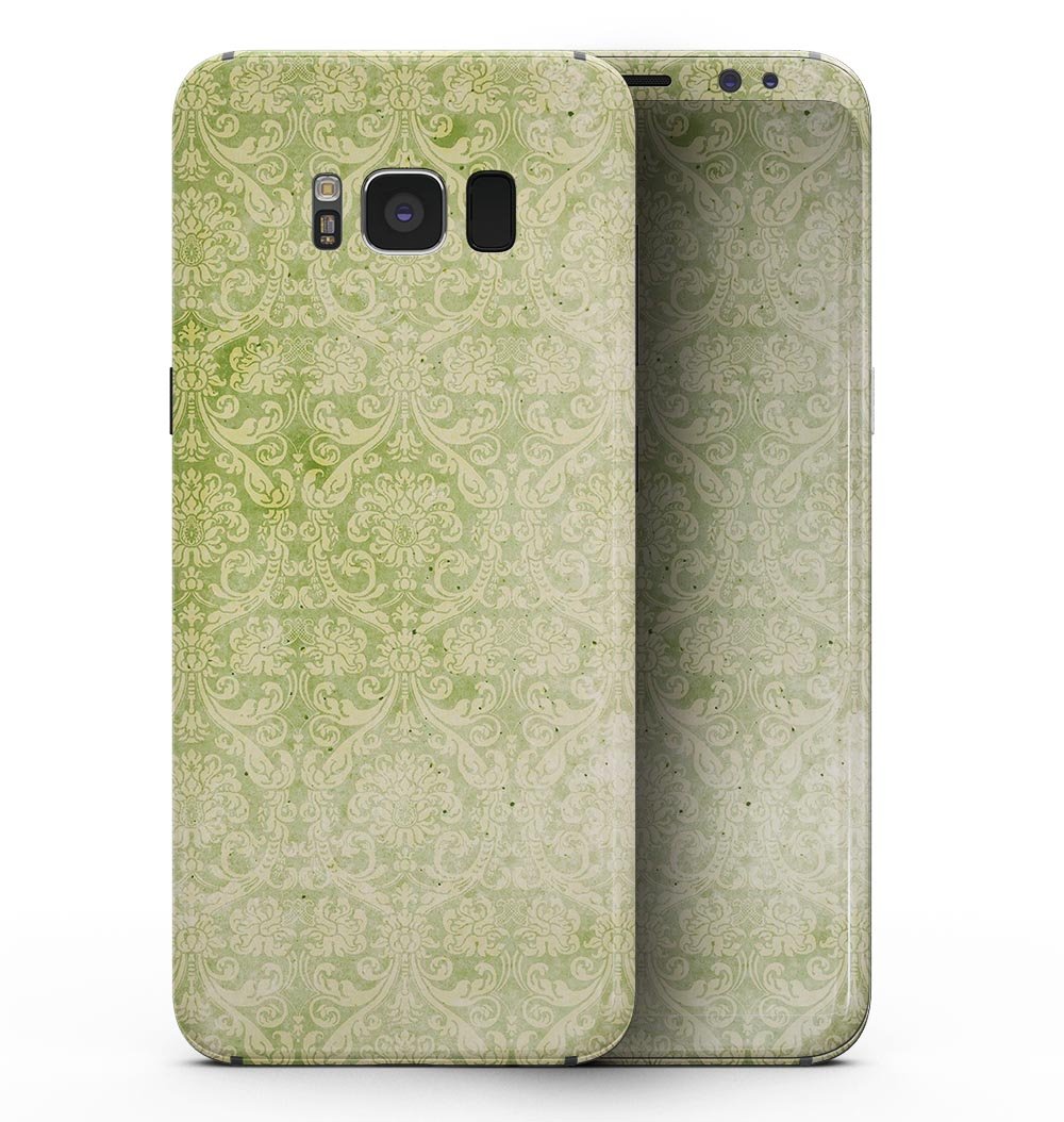 Grunge Green Yellow Damask Pattern full-body skin for Samsung Galaxy S8, showcasing vibrant colors and intricate design.