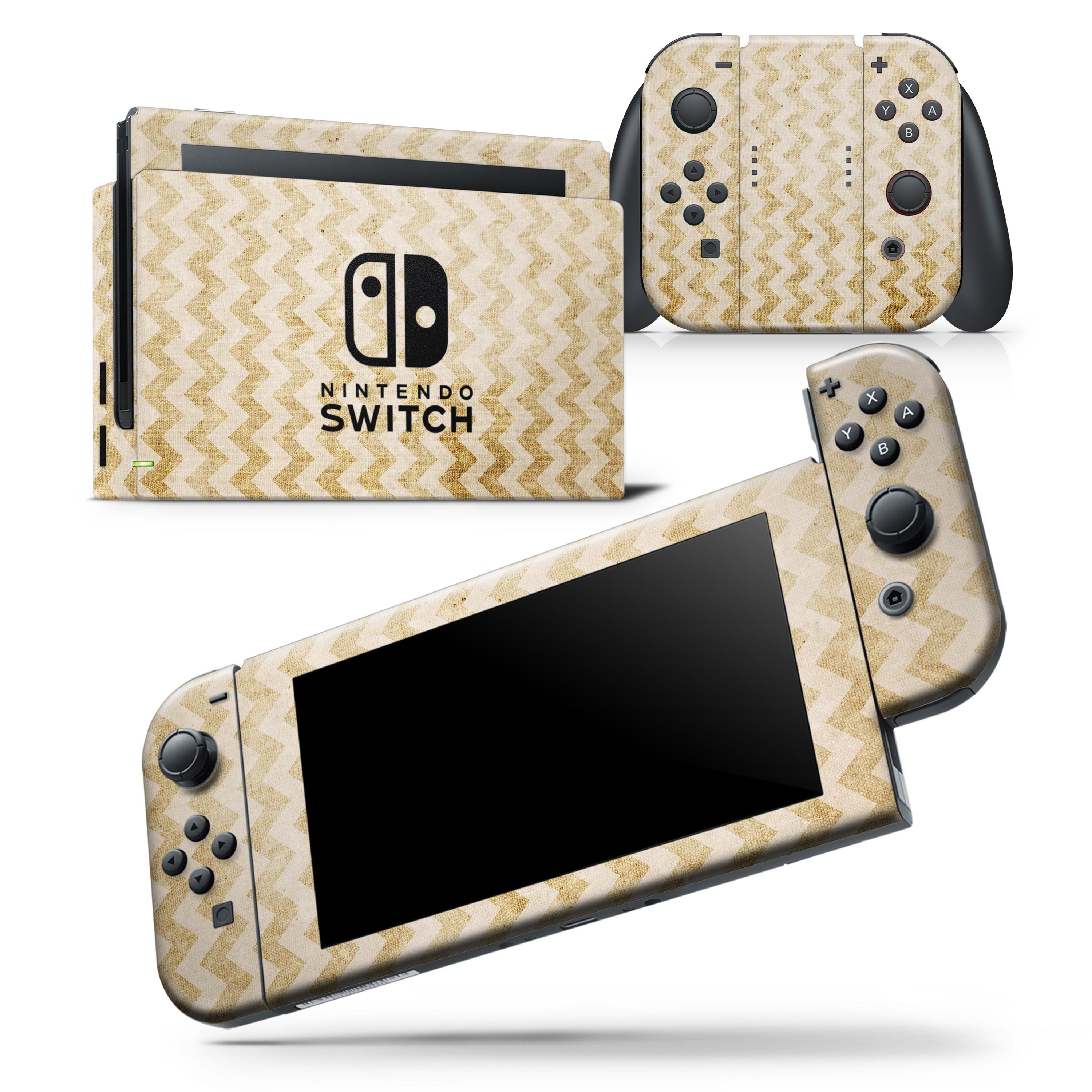 Grunge Mustard Yellow Chevron skin wrap decal for Nintendo Switch, showcasing a stylish design that fits snugly on the console and controllers.