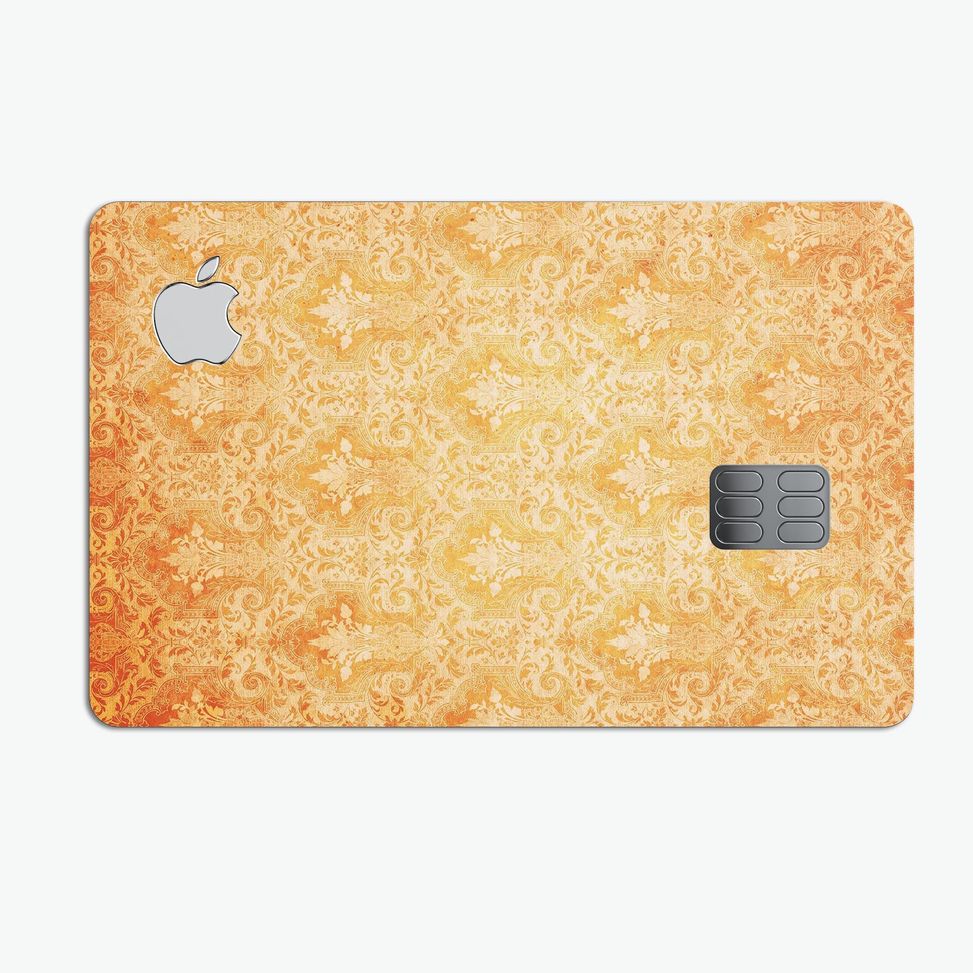 Grunge Orange Damask Pattern skin decal for Apple Card, showcasing vibrant colors and intricate design.