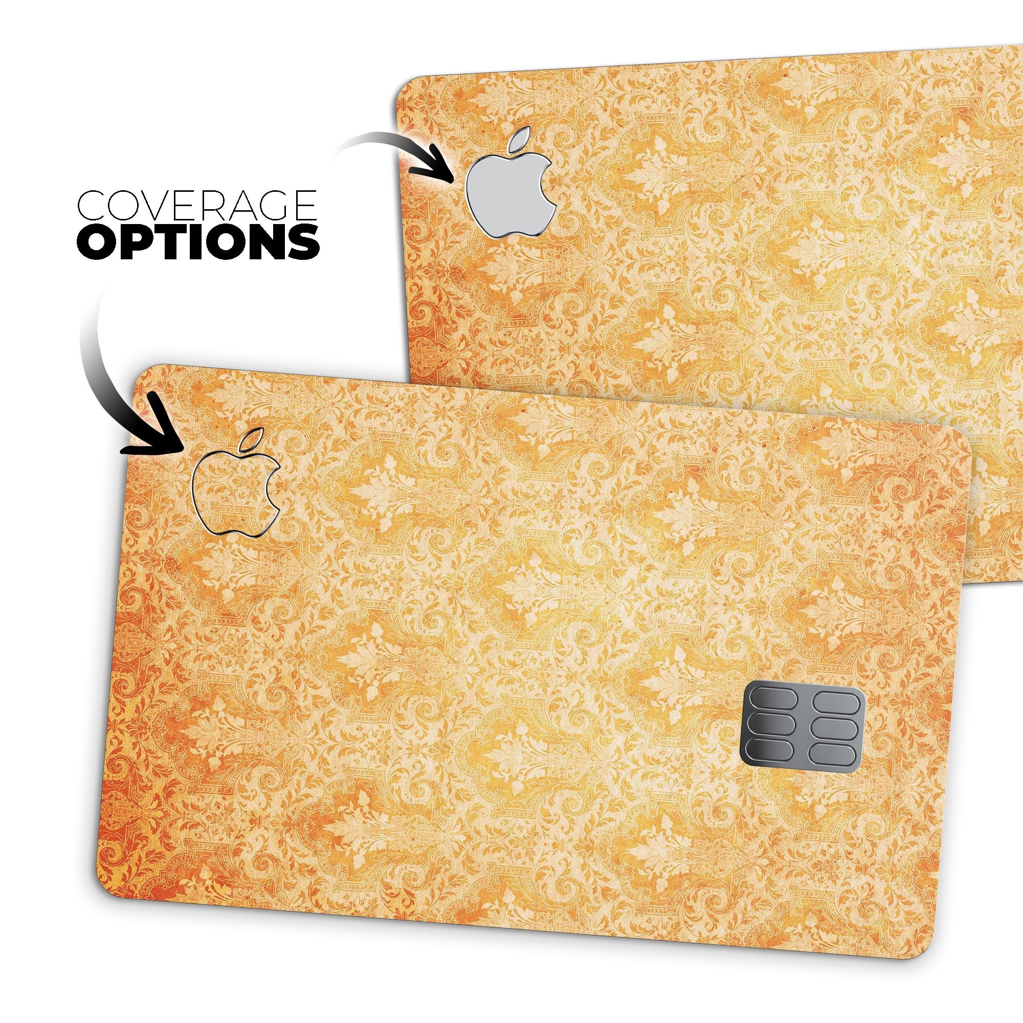 Grunge Orange Damask Pattern skin decal for Apple Card, showcasing vibrant colors and intricate design.