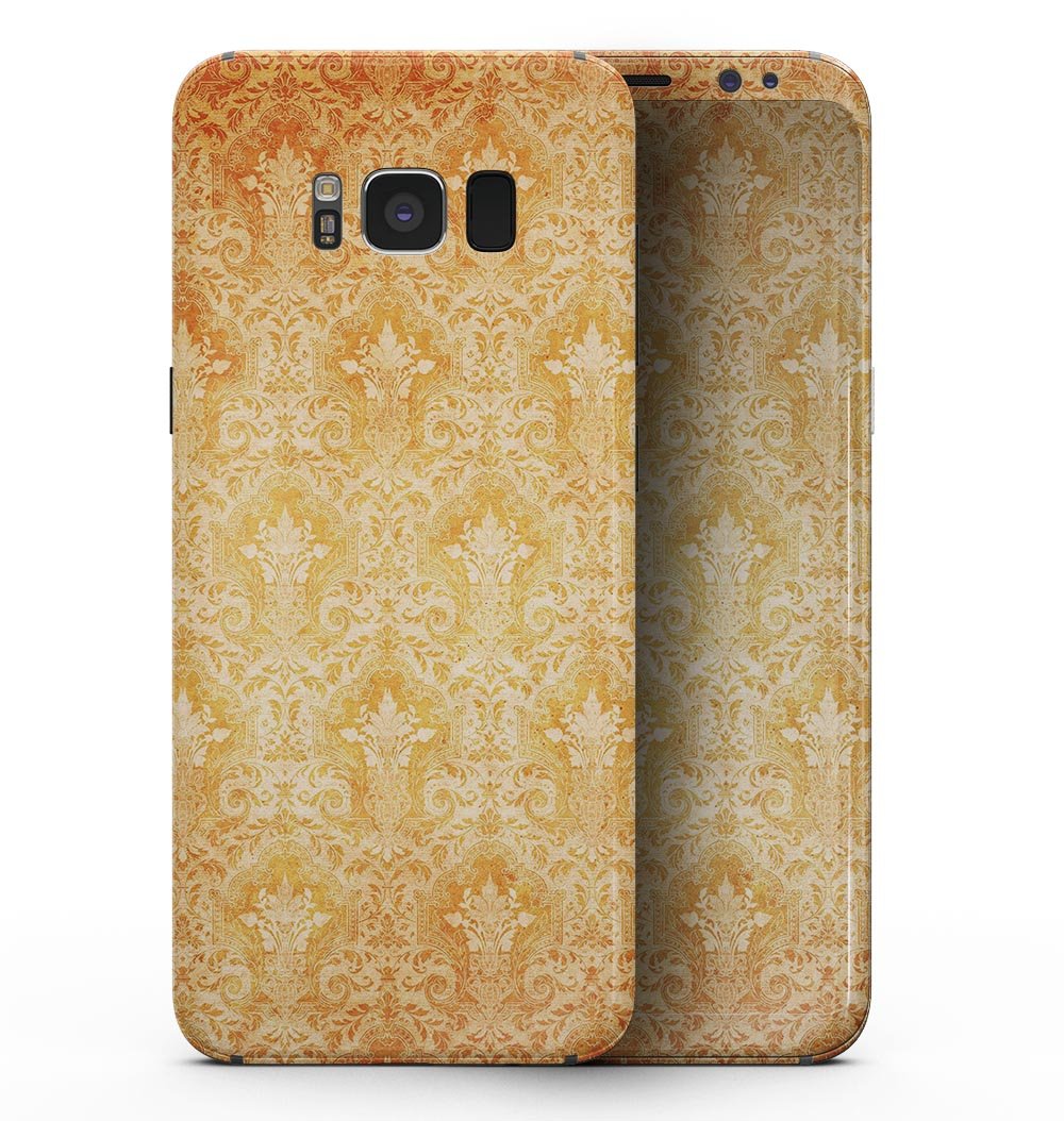 Grunge Orange Damask Pattern skin for Samsung Galaxy S8, showcasing vibrant colors and intricate design on a sleek device.