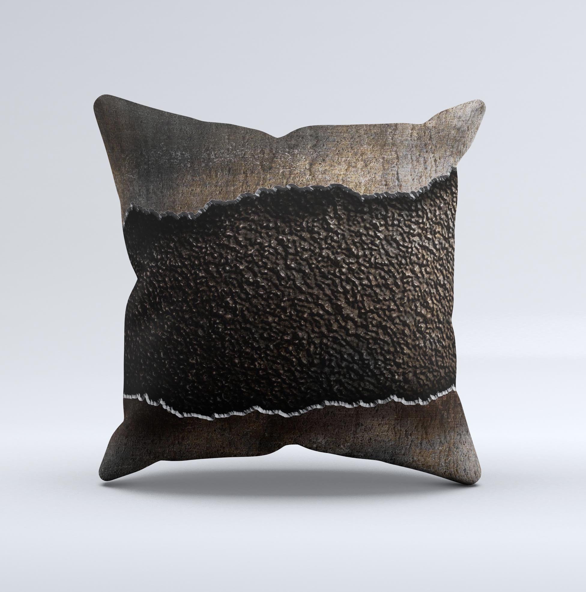 Grunge Ripped Metal Decorative Throw Pillow with unique bevel ink-fuzed design, showcasing a handcrafted appearance and high-quality fabric.