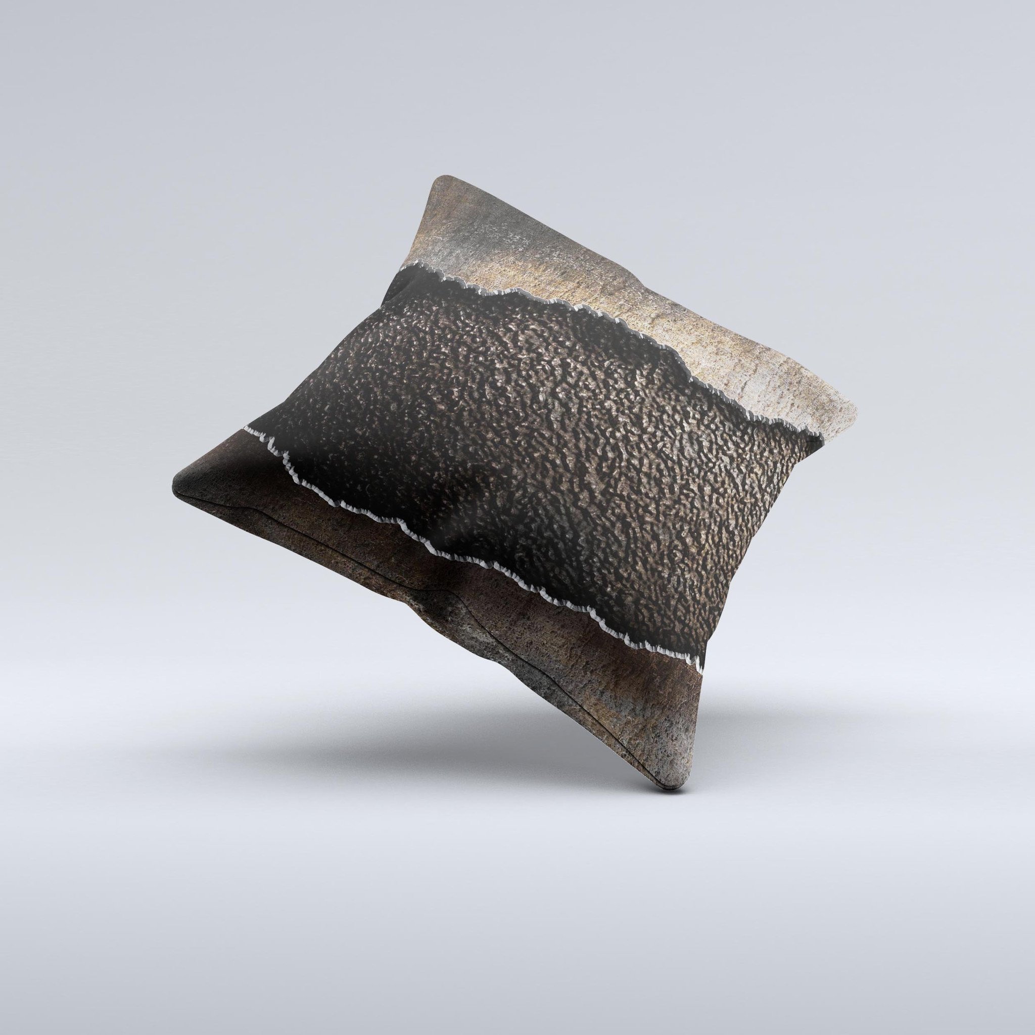 Grunge Ripped Metal Decorative Throw Pillow with unique bevel ink-fuzed design, showcasing a handcrafted appearance and high-quality fabric.